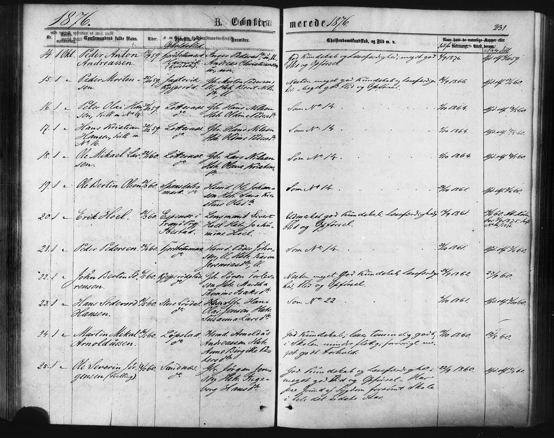 Ibestad sokneprestembete, AV/SATØ-S-0077/H/Ha/Haa/L0010kirke: Ministerialbok nr. 10, 1869-1879, s. 231