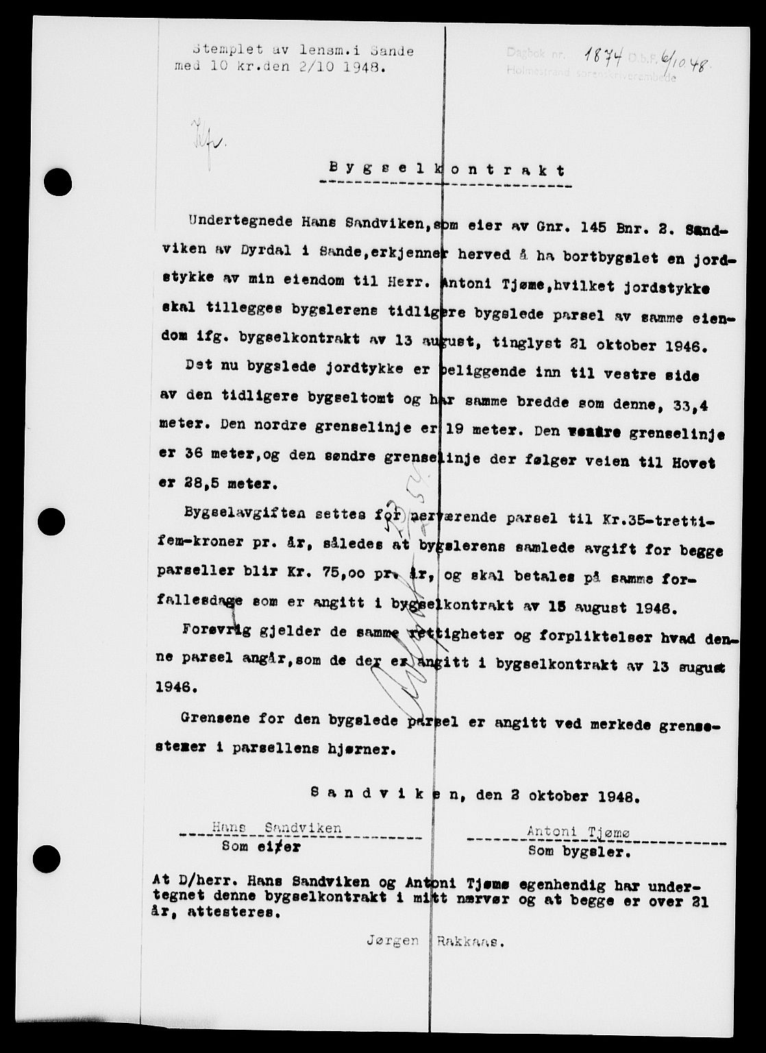Holmestrand sorenskriveri, SAKO/A-67/G/Ga/Gaa/L0065: Pantebok nr. A-65, 1948-1949, Dagboknr: 1874/1948