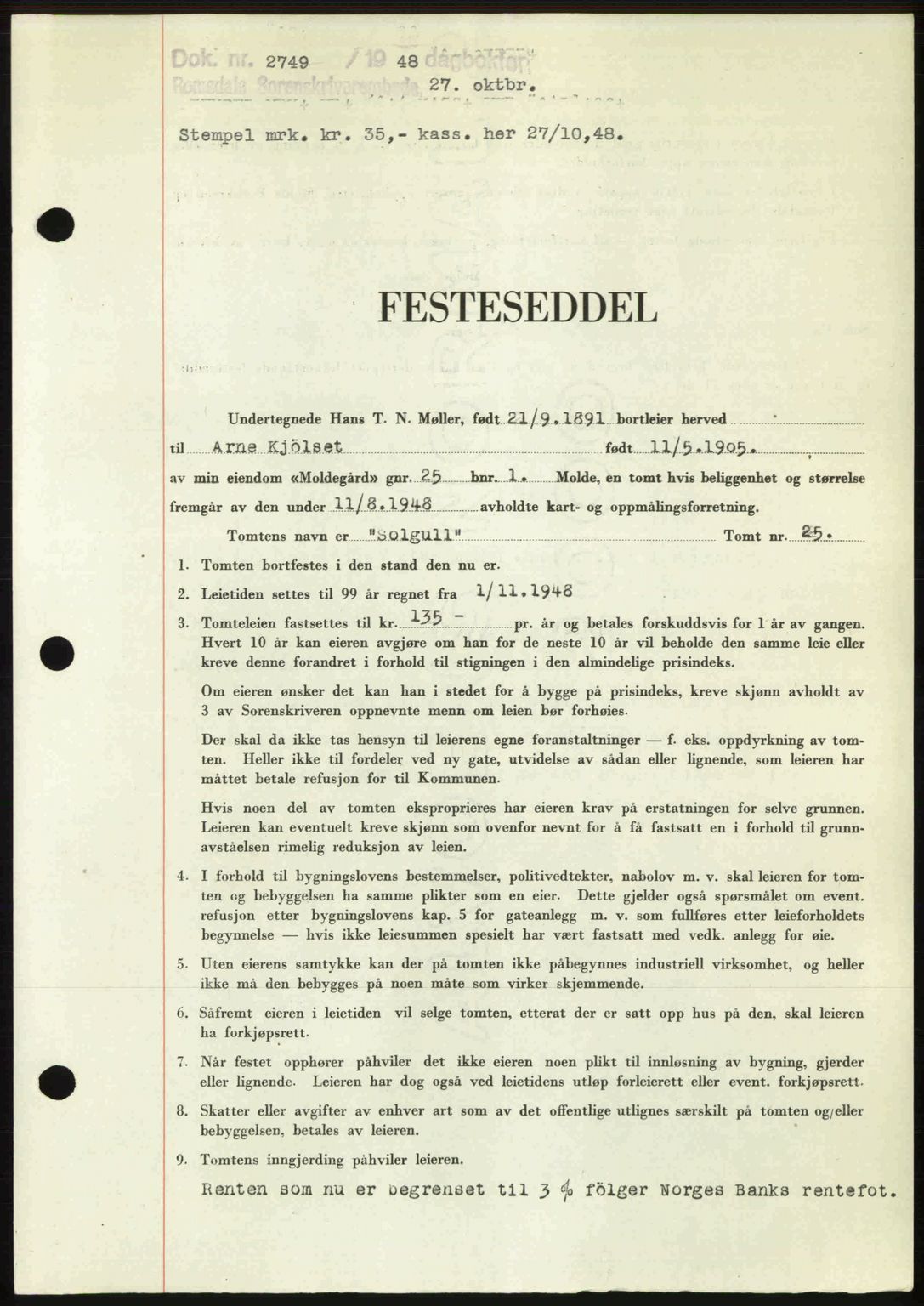 Romsdal sorenskriveri, SAT/A-4149/1/2/2C: Pantebok nr. A27, 1948-1948, Dagboknr: 2749/1948