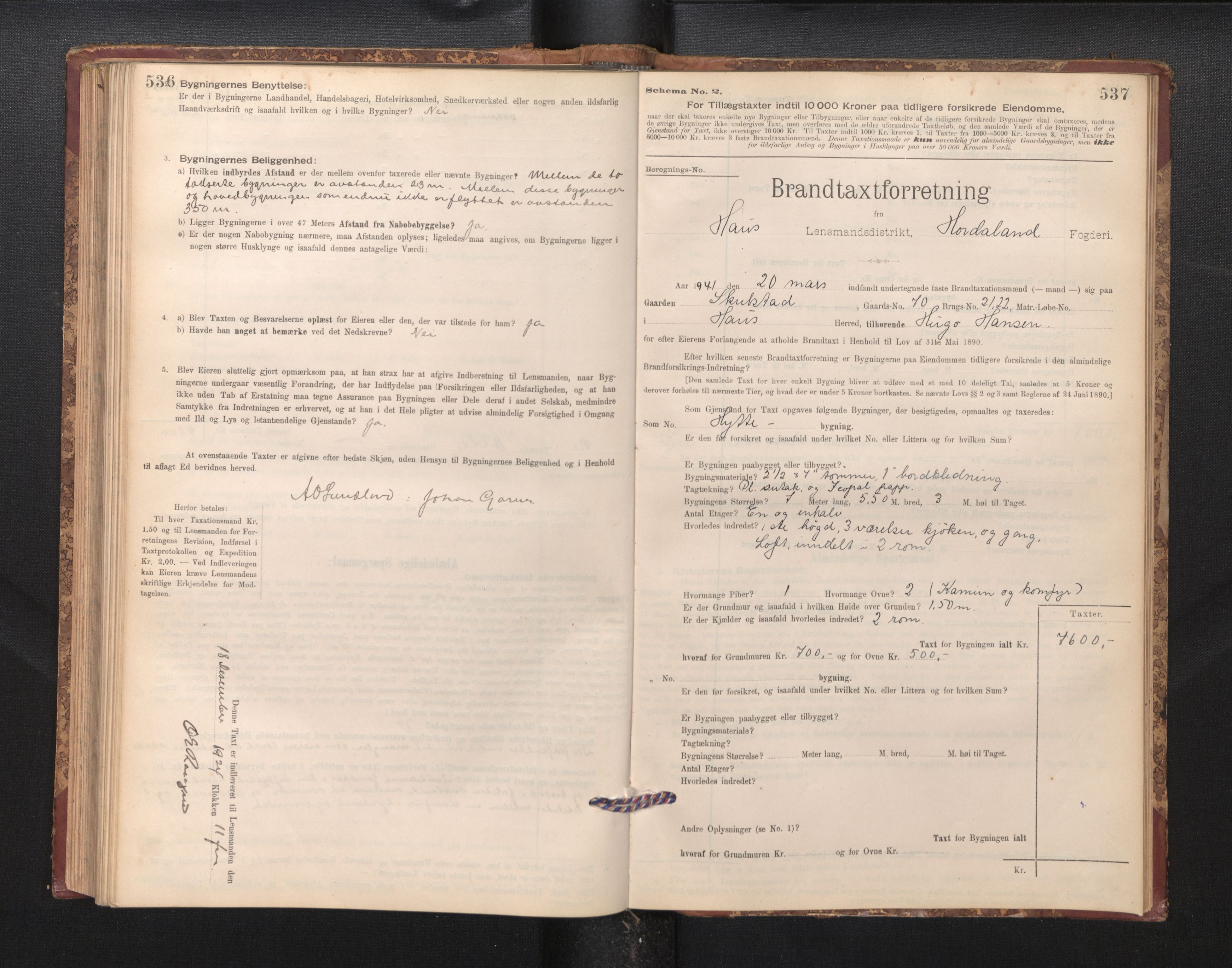 Lensmannen i Haus, SAB/A-32701/0012/L0006: Branntakstprotokoll, skjematakst, 1895-1941, s. 536-537