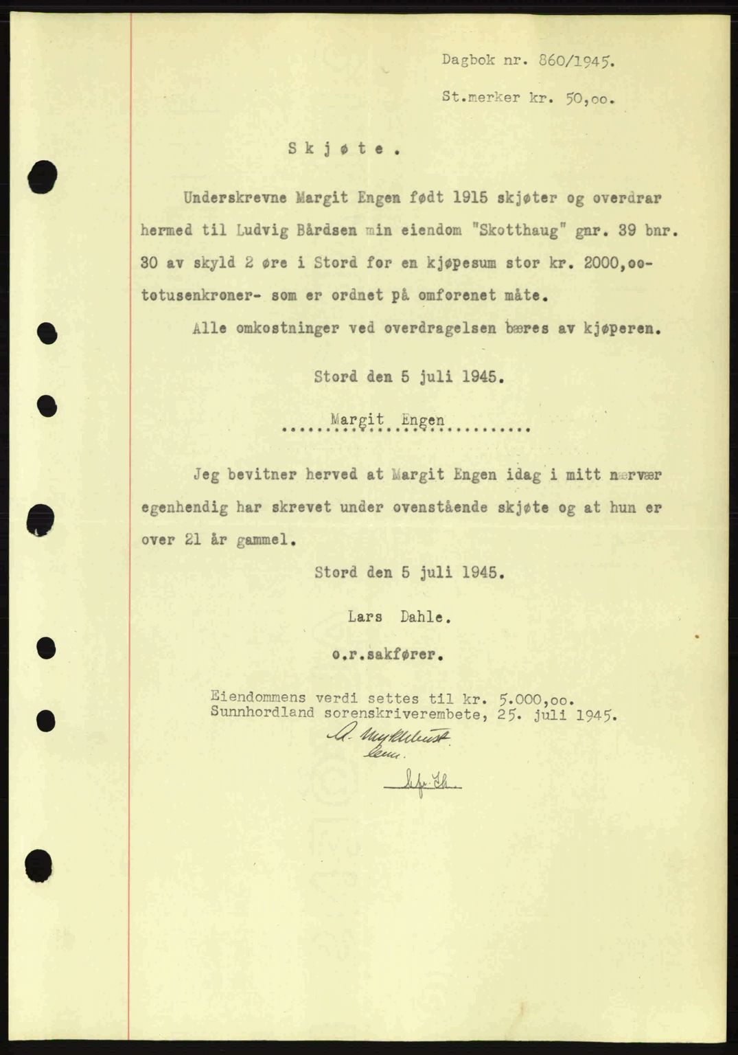 Sunnhordland sorenskrivar, AV/SAB-A-2401: Pantebok nr. A77, 1945-1945, Dagboknr: 860/1945