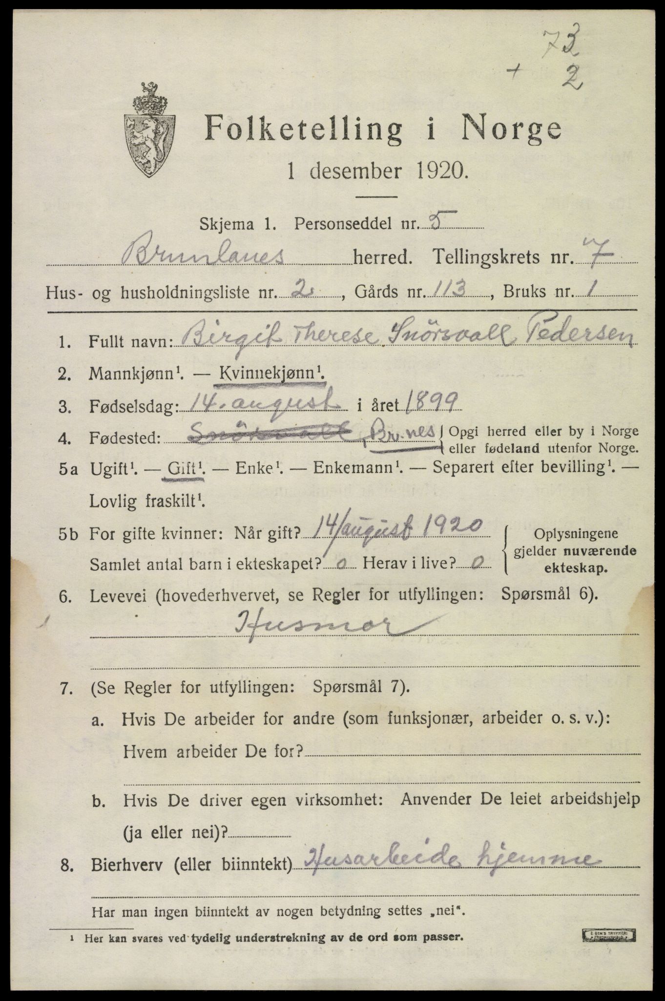 SAKO, Folketelling 1920 for 0726 Brunlanes herred, 1920, s. 7085