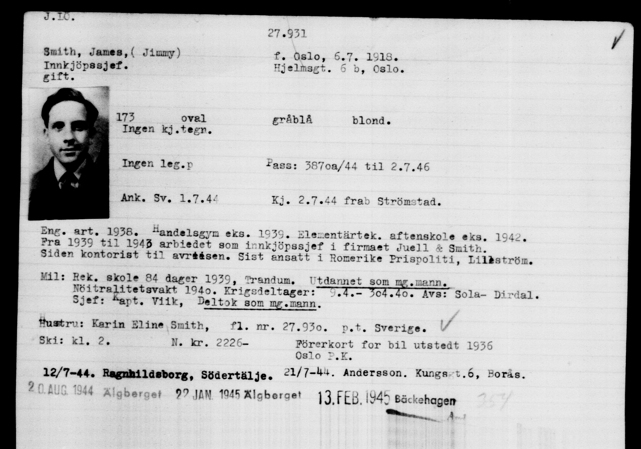 Utenriksstasjonene, Legasjonen i Stockholm, Flyktningkontoret, AV/RA-S-6753/V/Va/L0011: Kjesäterkartoteket, flyktninger med registreringsnr. 25300-28349, 1940-1945, s. 2802