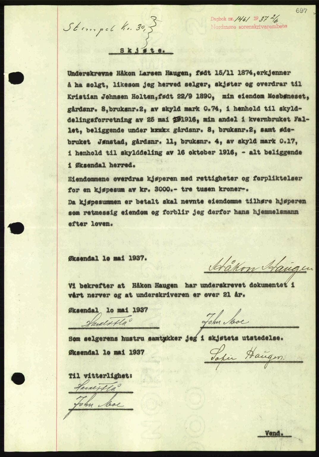 Nordmøre sorenskriveri, SAT/A-4132/1/2/2Ca: Pantebok nr. A81, 1937-1937, Dagboknr: 1461/1937
