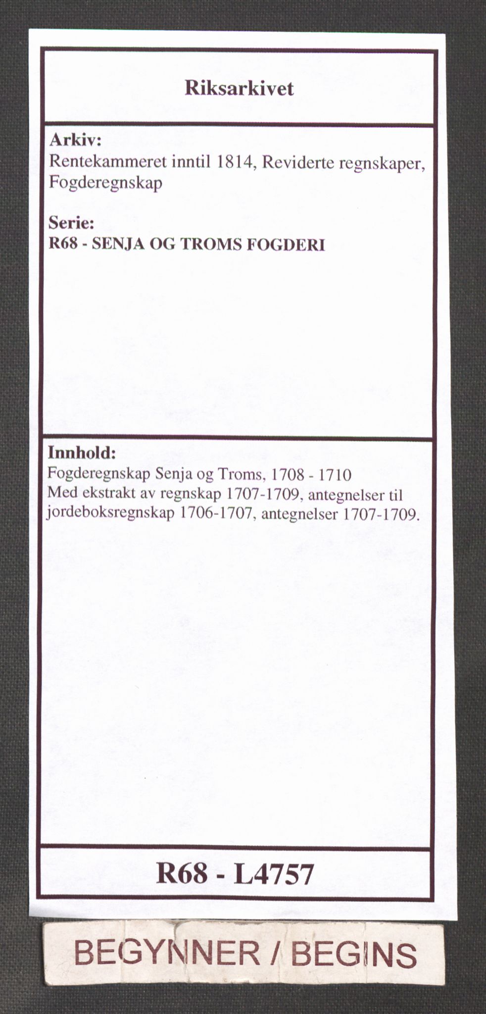 Rentekammeret inntil 1814, Reviderte regnskaper, Fogderegnskap, RA/EA-4092/R68/L4757: Fogderegnskap Senja og Troms, 1708-1710, s. 1