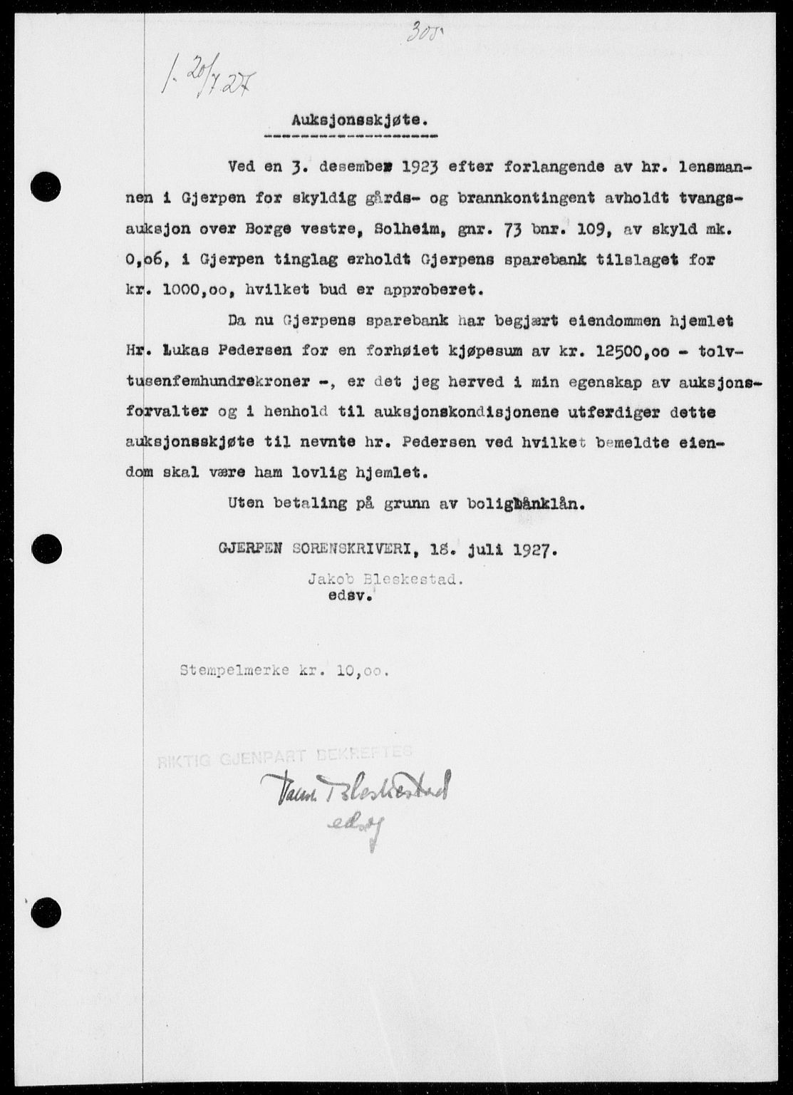 Gjerpen sorenskriveri, SAKO/A-216/G/Ga/Gaa/L0048: Pantebok nr. I 48 og 50-51, 1926-1928, Tingl.dato: 20.07.1927