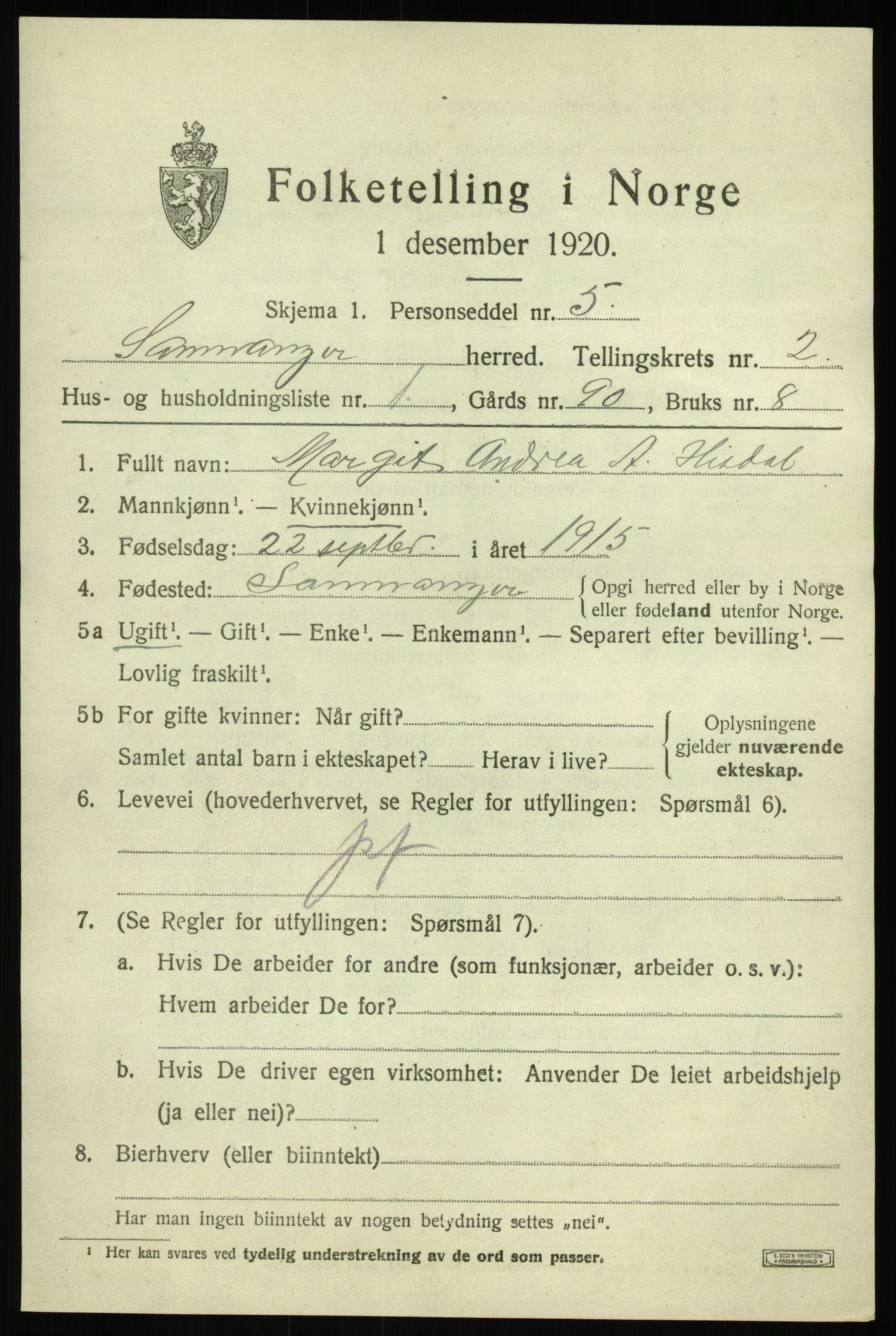 SAB, Folketelling 1920 for 1242 Samnanger herred, 1920, s. 1117