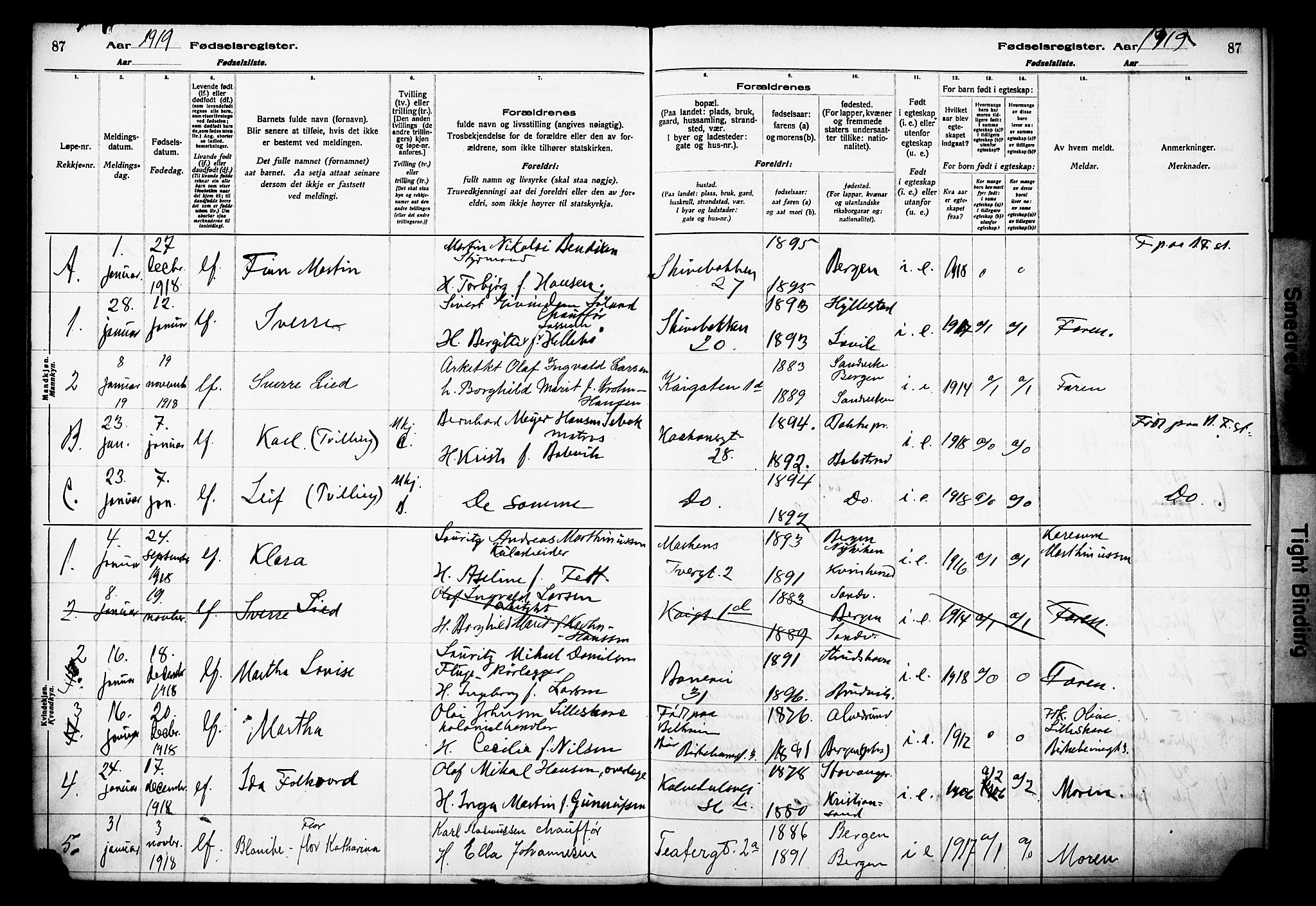 Domkirken sokneprestembete, AV/SAB-A-74801/I/Id/L00A1: Fødselsregister nr. A 1, 1916-1923, s. 87