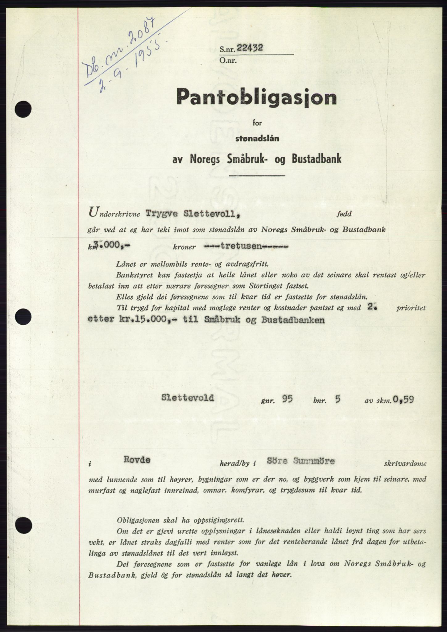 Søre Sunnmøre sorenskriveri, SAT/A-4122/1/2/2C/L0127: Pantebok nr. 15B, 1955-1955, Dagboknr: 2087/1955