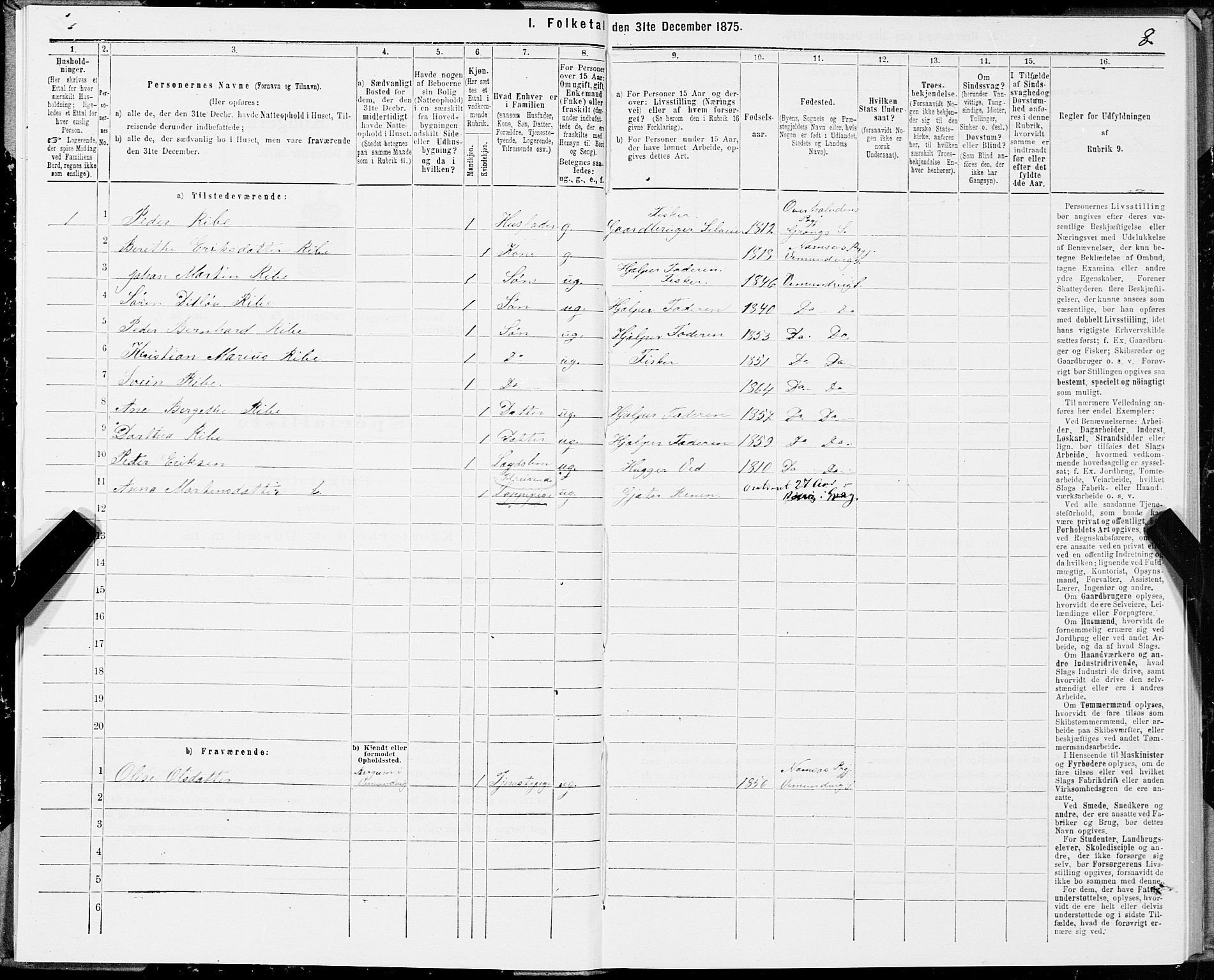 SAT, Folketelling 1875 for 1745L Namsos prestegjeld, Vemundvik sokn og Sævik sokn, 1875, s. 1008