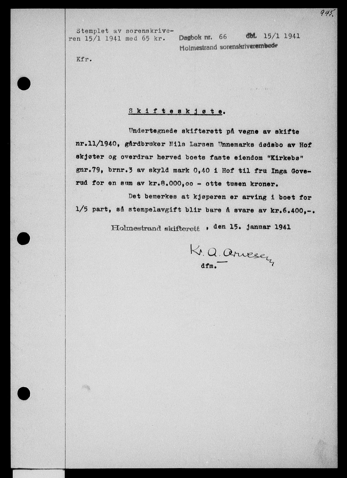 Holmestrand sorenskriveri, SAKO/A-67/G/Ga/Gaa/L0052: Pantebok nr. A-52, 1940-1941, Dagboknr: 66/1941