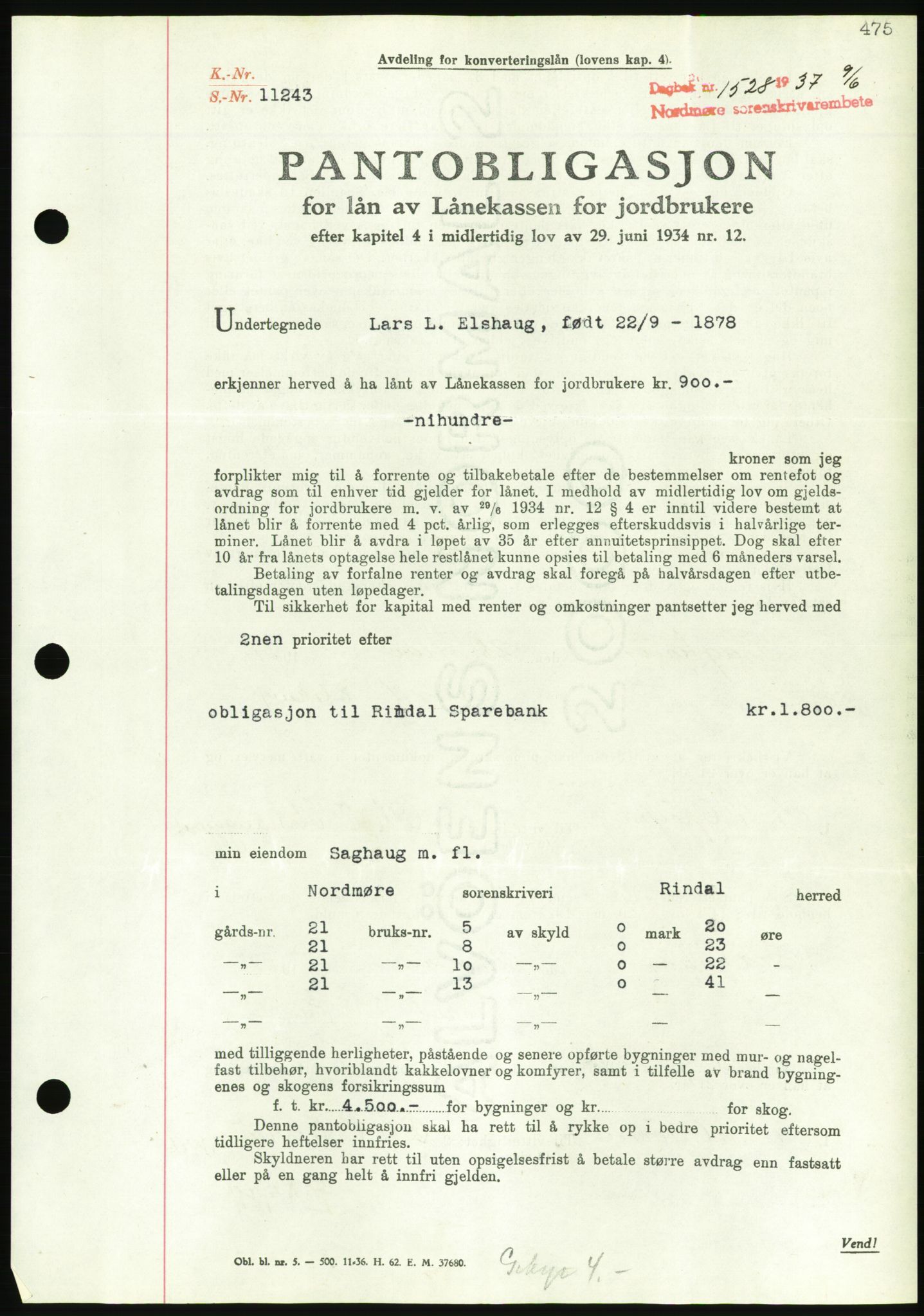 Nordmøre sorenskriveri, AV/SAT-A-4132/1/2/2Ca/L0091: Pantebok nr. B81, 1937-1937, Dagboknr: 1528/1937