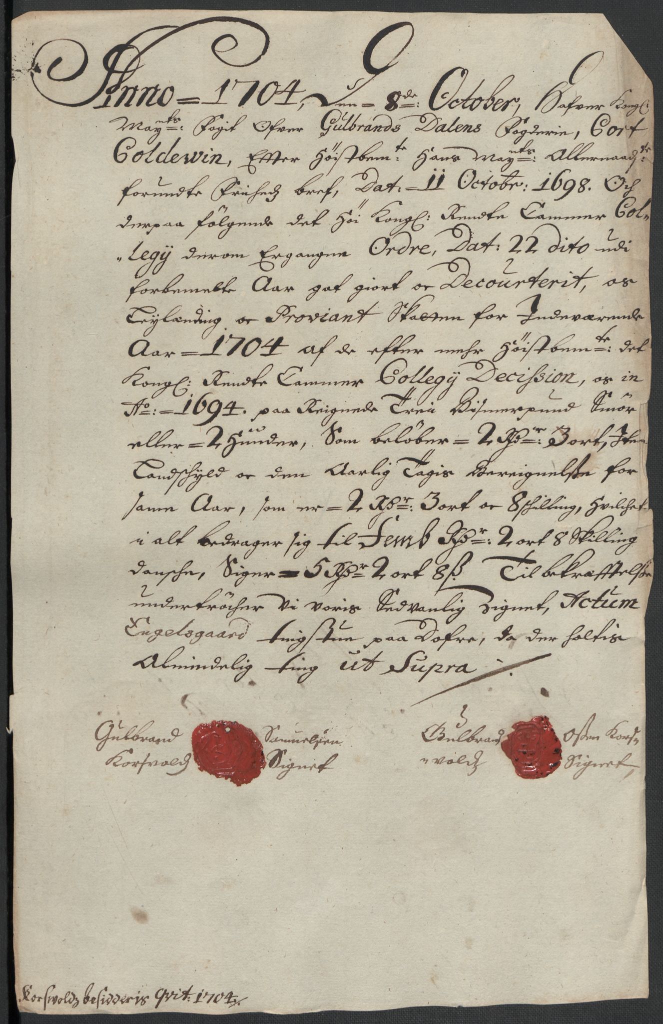 Rentekammeret inntil 1814, Reviderte regnskaper, Fogderegnskap, AV/RA-EA-4092/R17/L1177: Fogderegnskap Gudbrandsdal, 1704, s. 141