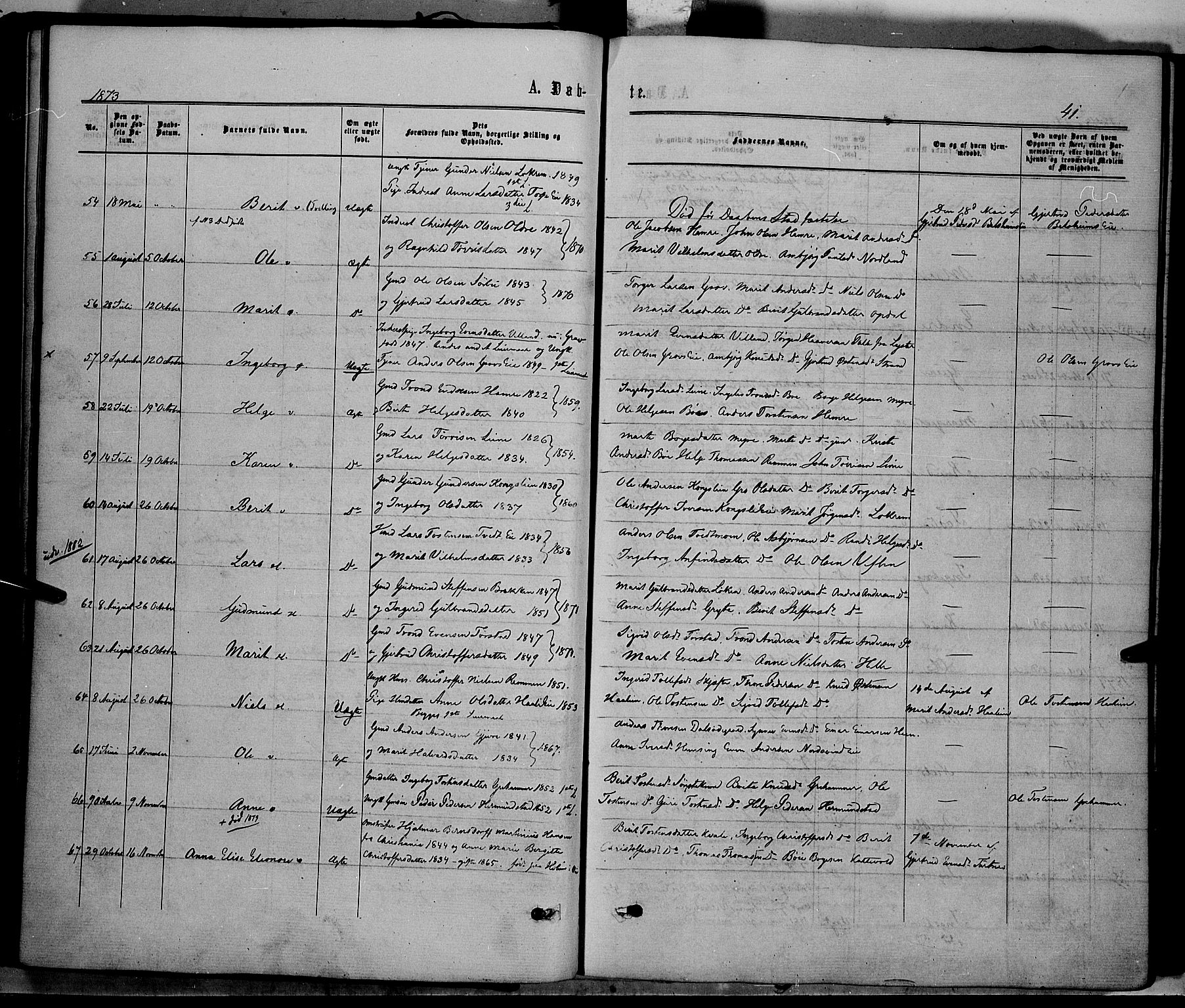 Vang prestekontor, Valdres, AV/SAH-PREST-140/H/Ha/L0007: Ministerialbok nr. 7, 1865-1881, s. 41