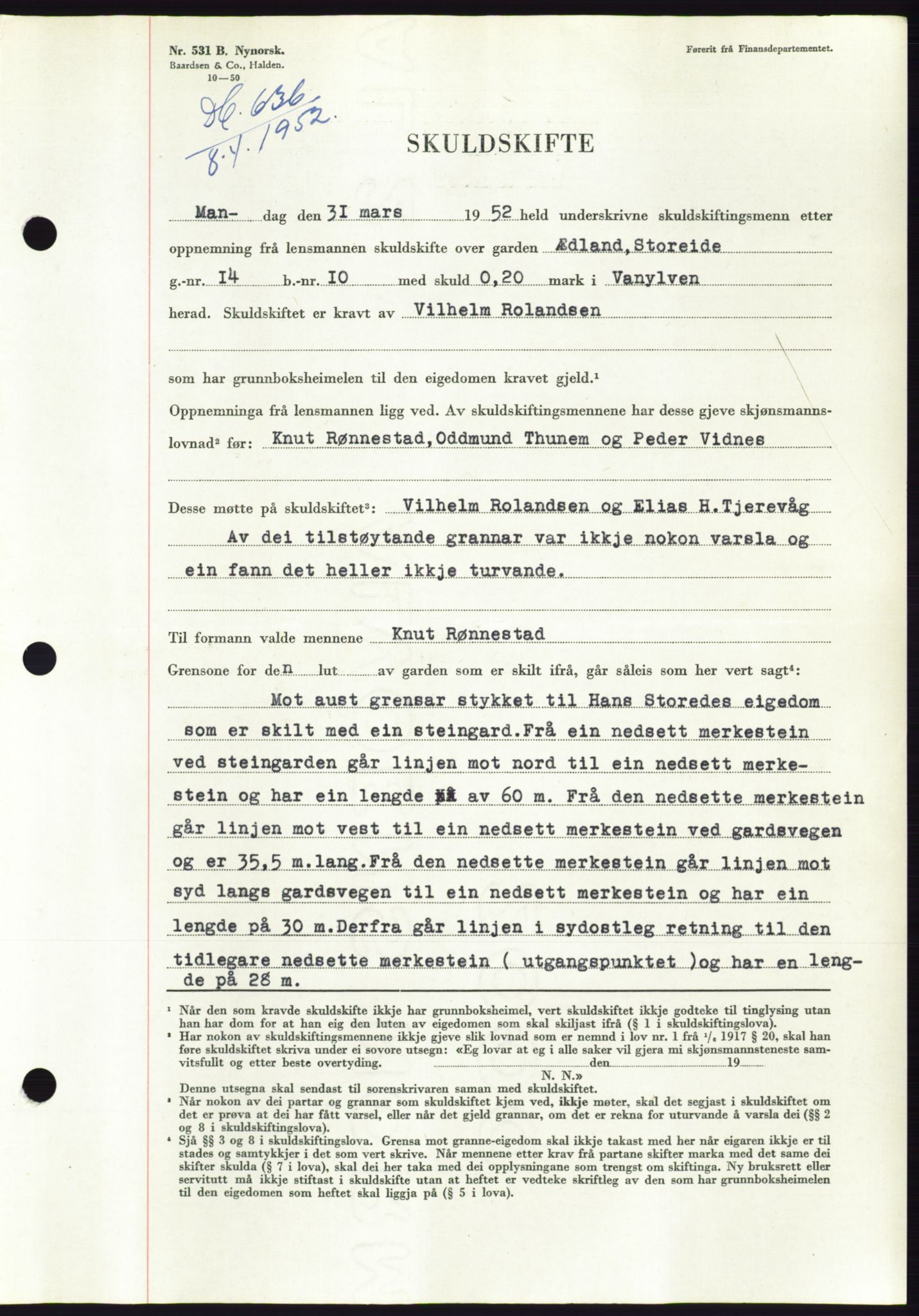 Søre Sunnmøre sorenskriveri, SAT/A-4122/1/2/2C/L0091: Pantebok nr. 17A, 1951-1952, Dagboknr: 636/1952