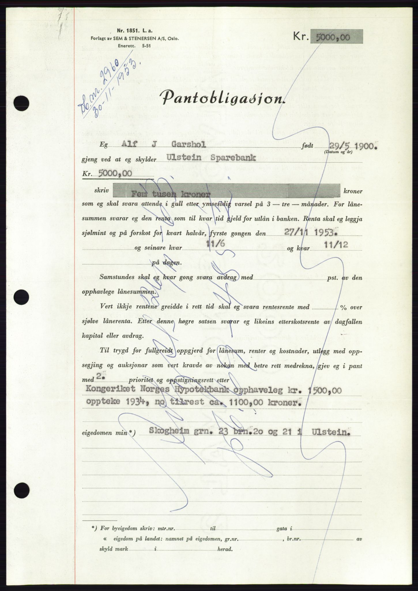 Søre Sunnmøre sorenskriveri, AV/SAT-A-4122/1/2/2C/L0124: Pantebok nr. 12B, 1953-1954, Dagboknr: 2960/1953