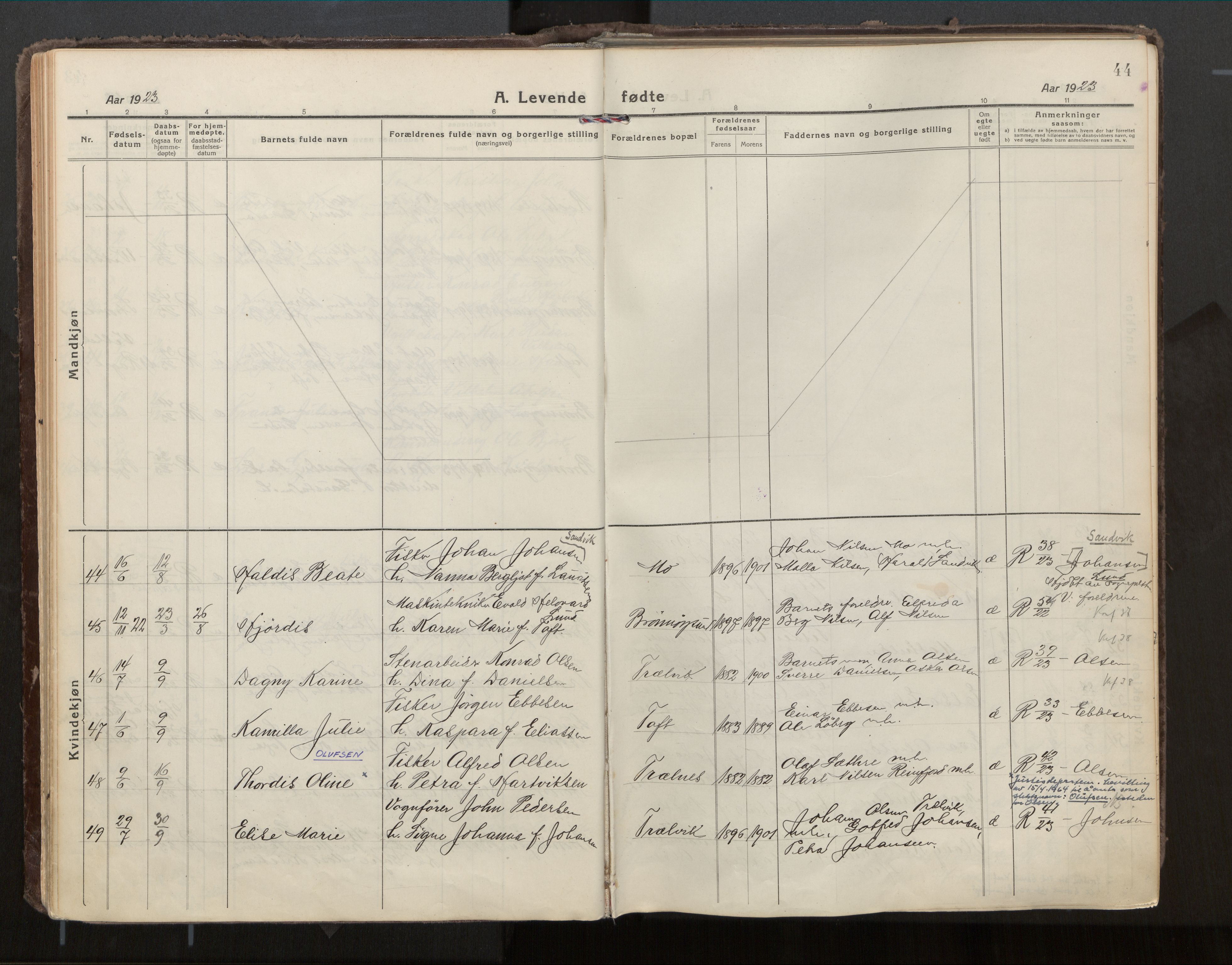 Ministerialprotokoller, klokkerbøker og fødselsregistre - Nordland, AV/SAT-A-1459/813/L0207a: Ministerialbok nr. 813A18, 1919-1927, s. 44