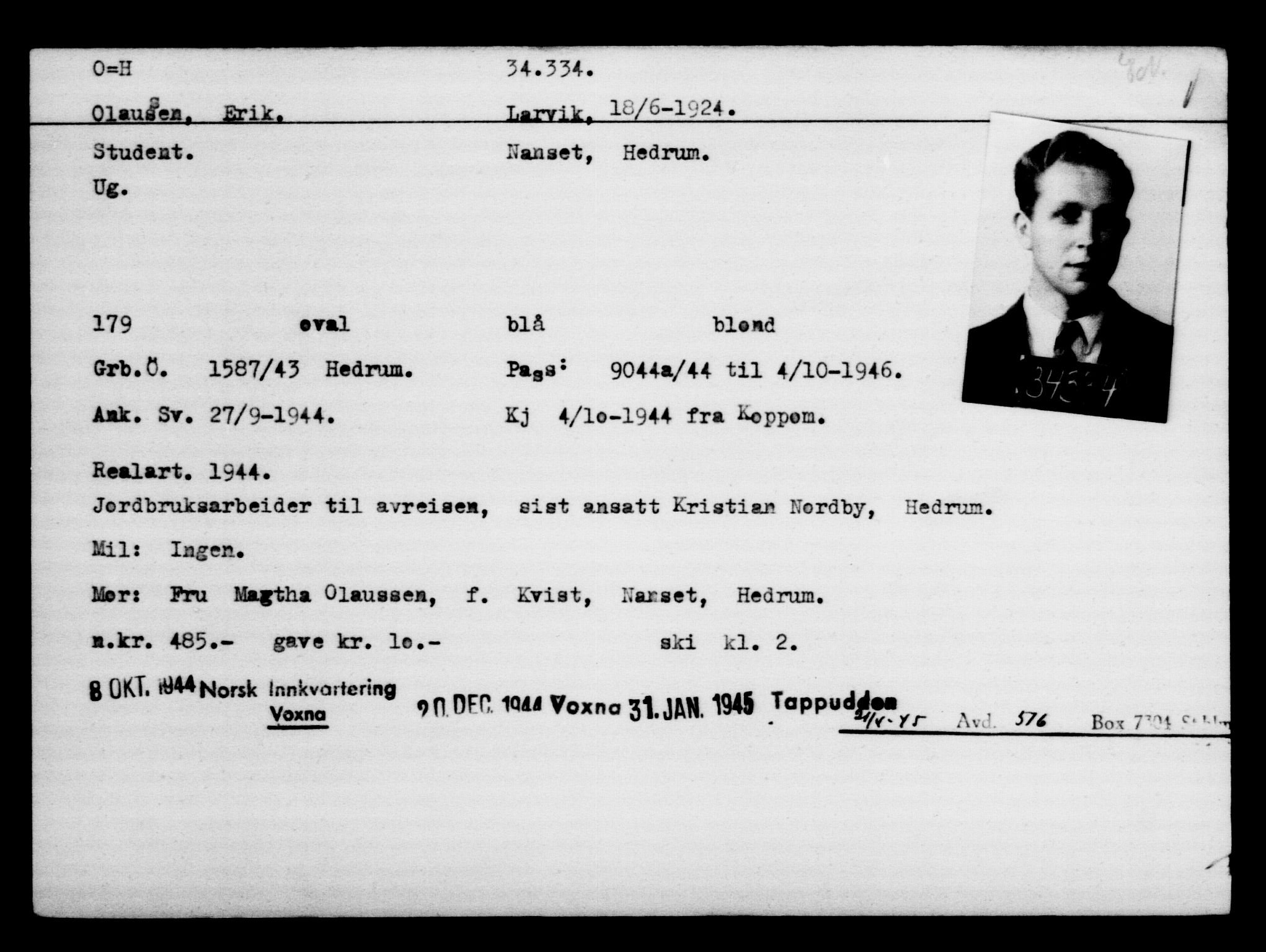 Utenriksstasjonene, Legasjonen i Stockholm, Flyktningkontoret, AV/RA-S-6753/V/Va/L0013: Kjesäterkartoteket, flyktninger med registreringsnr. 31500-34731, 1940-1945, s. 2987