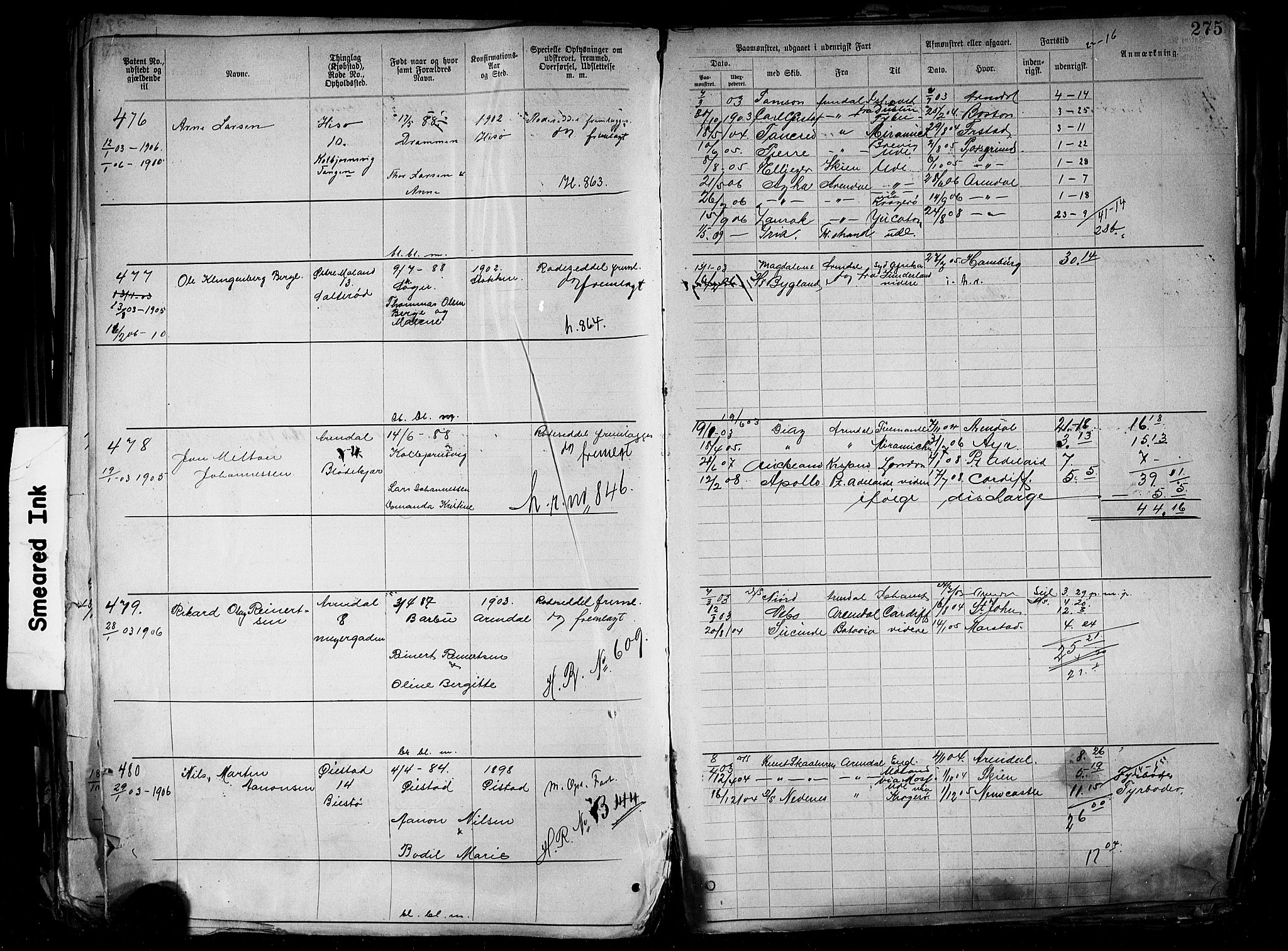 Arendal mønstringskrets, AV/SAK-2031-0012/F/Fa/L0004: Annotasjonsrulle nr 3828-4715 og nr 1-1296, S-4, 1892-1918, s. 282