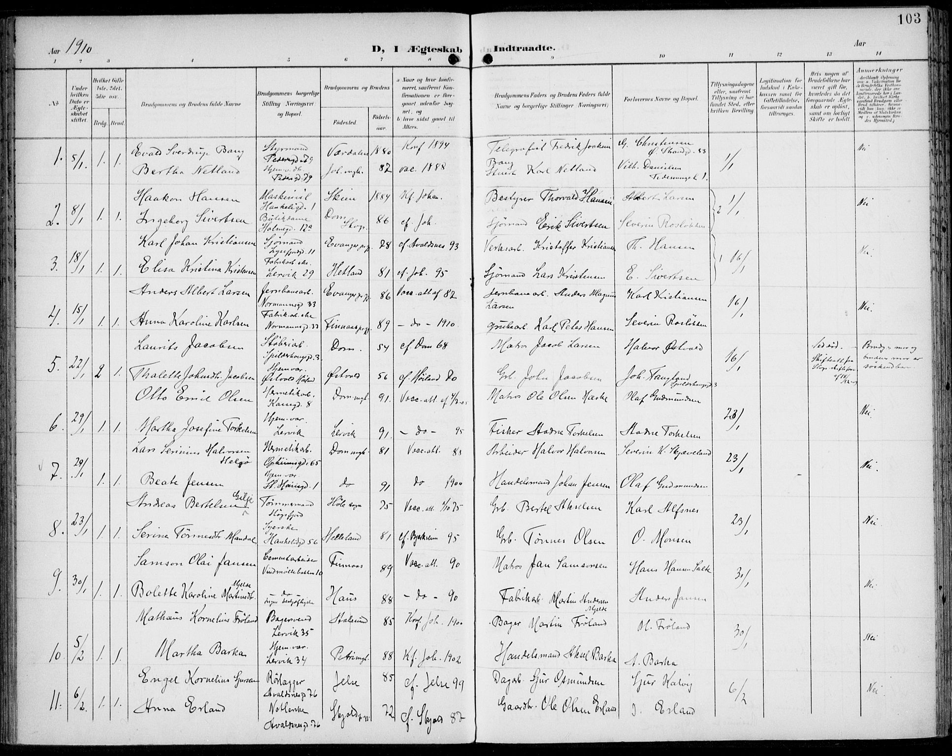 St. Johannes sokneprestkontor, AV/SAST-A-101814/002/B/L0001: Ministerialbok nr. A 8, 1899-1917, s. 103