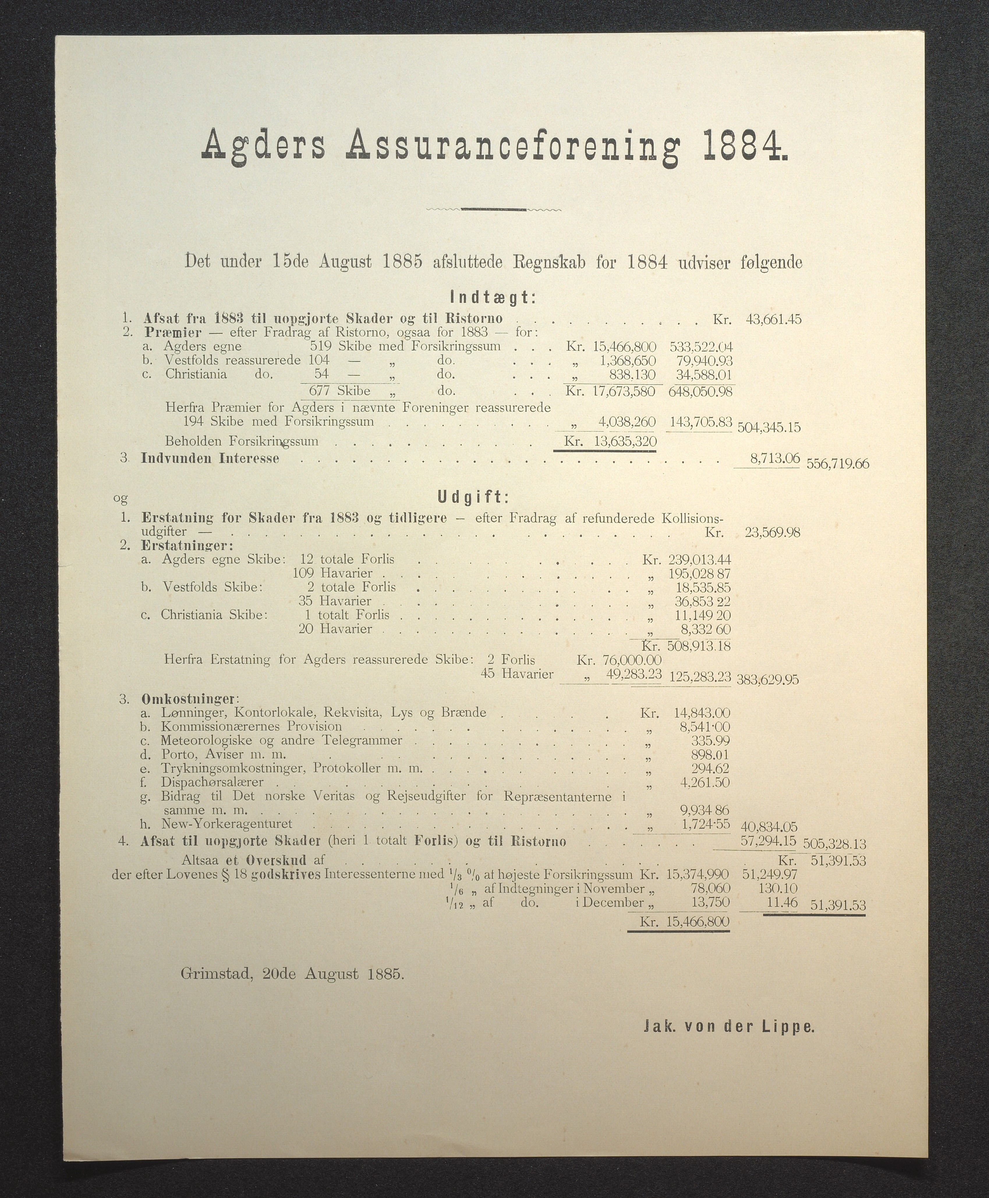 Agders Gjensidige Assuranceforening, AAKS/PA-1718/05/L0002: Regnskap, seilavdeling, pakkesak, 1881-1889