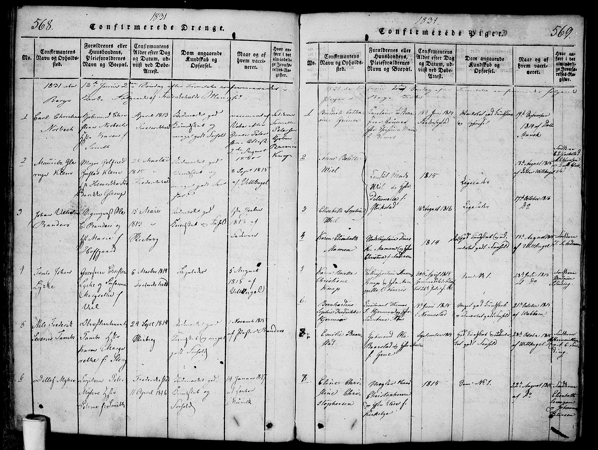 Halden prestekontor Kirkebøker, SAO/A-10909/F/Fa/L0003: Ministerialbok nr. I 3, 1815-1834, s. 568-569