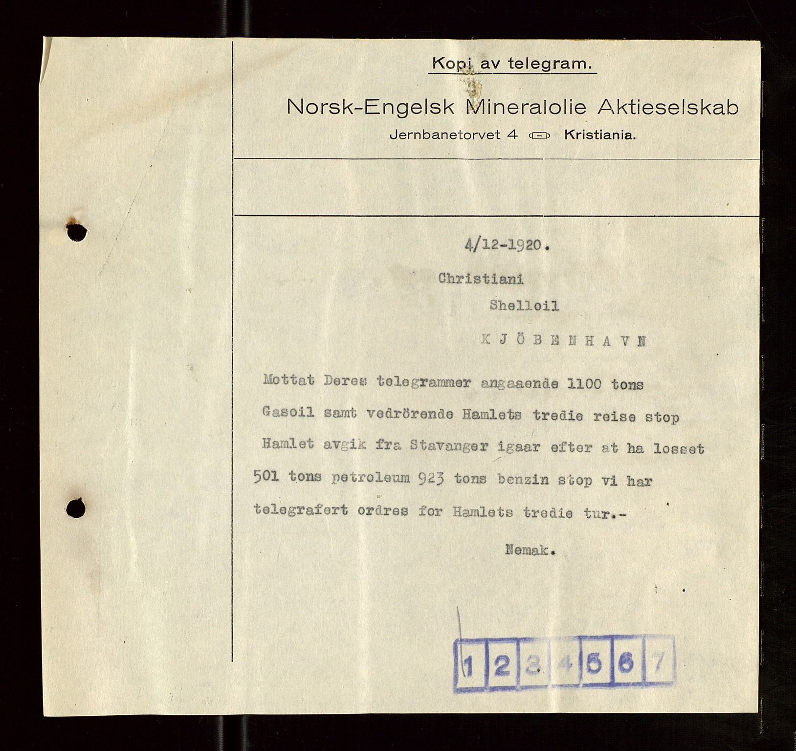 Pa 1521 - A/S Norske Shell, AV/SAST-A-101915/E/Ea/Eaa/L0008: Sjefskorrespondanse, 1920, s. 27