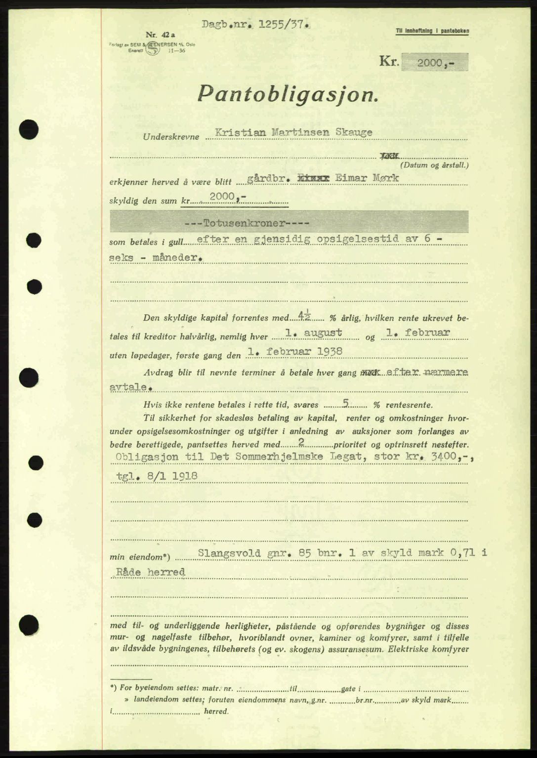 Moss sorenskriveri, SAO/A-10168: Pantebok nr. B3, 1937-1937, Dagboknr: 1255/1937