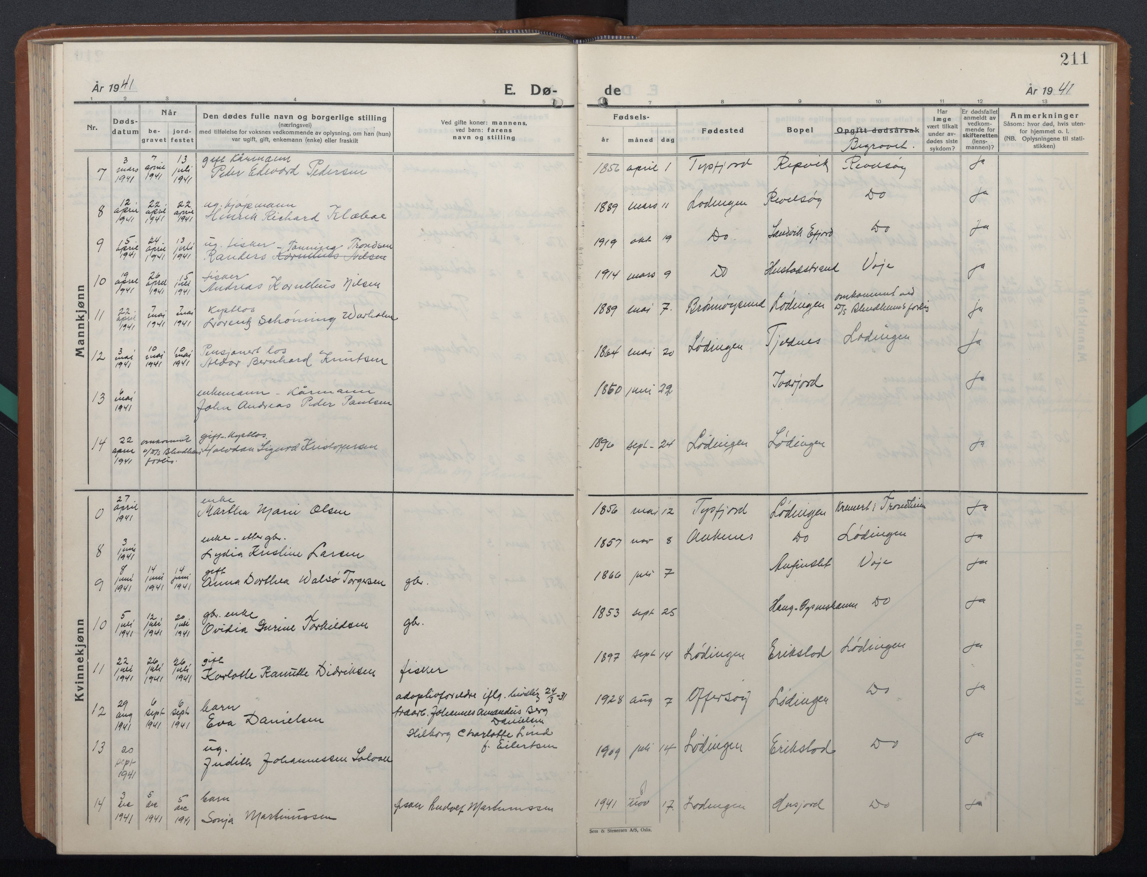 Ministerialprotokoller, klokkerbøker og fødselsregistre - Nordland, AV/SAT-A-1459/872/L1051: Klokkerbok nr. 872C07, 1939-1947, s. 211