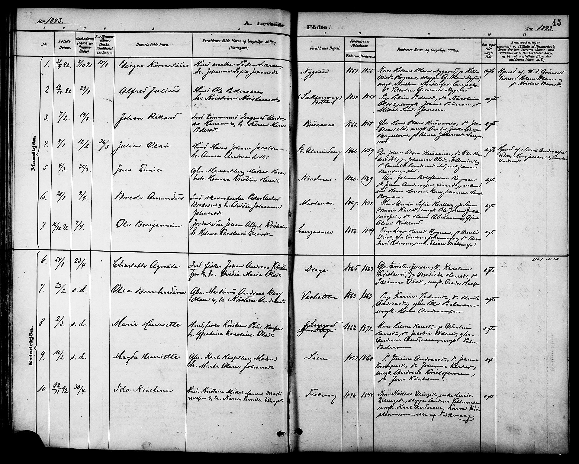 Ministerialprotokoller, klokkerbøker og fødselsregistre - Nordland, AV/SAT-A-1459/847/L0669: Ministerialbok nr. 847A09, 1887-1901, s. 45