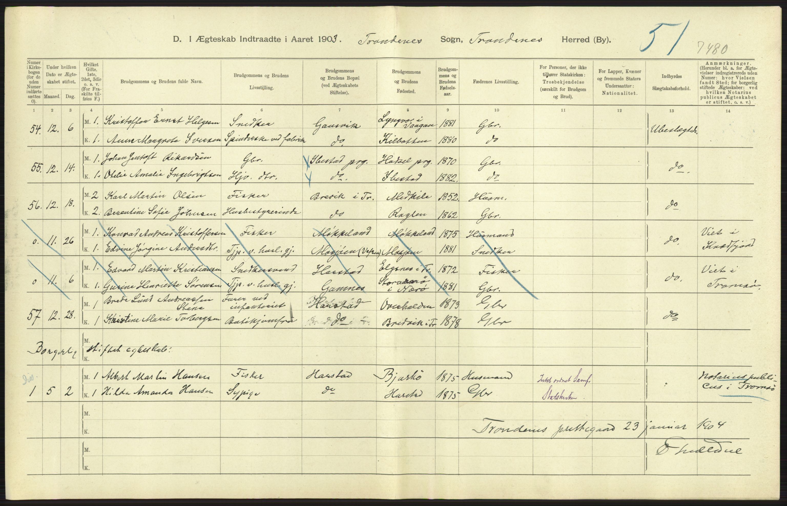 Statistisk sentralbyrå, Sosiodemografiske emner, Befolkning, AV/RA-S-2228/D/Df/Dfa/Dfaa/L0021: Tromsø amt: Fødte, gifte, døde., 1903, s. 355