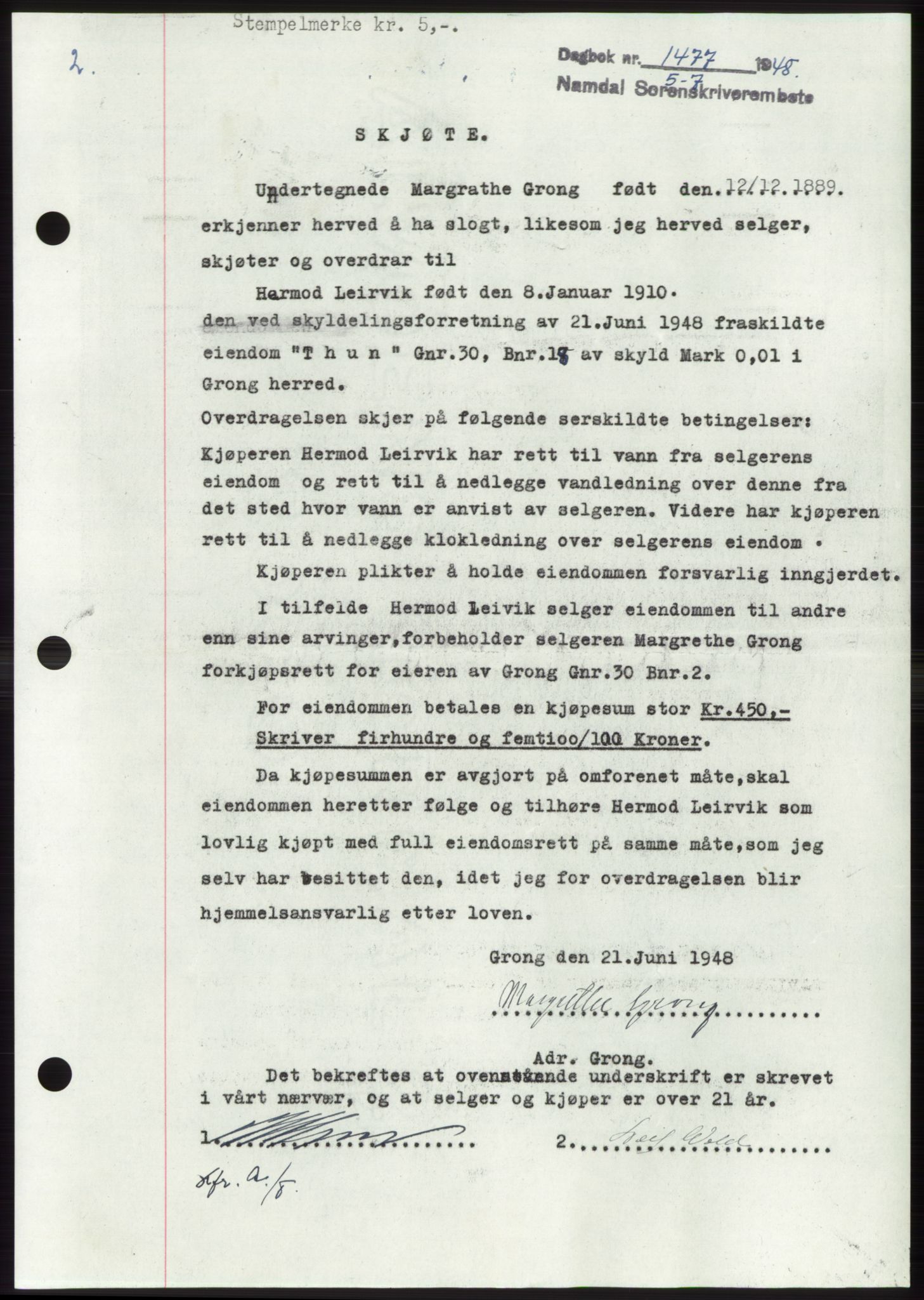 Namdal sorenskriveri, SAT/A-4133/1/2/2C: Pantebok nr. -, 1948-1948, Dagboknr: 1477/1948