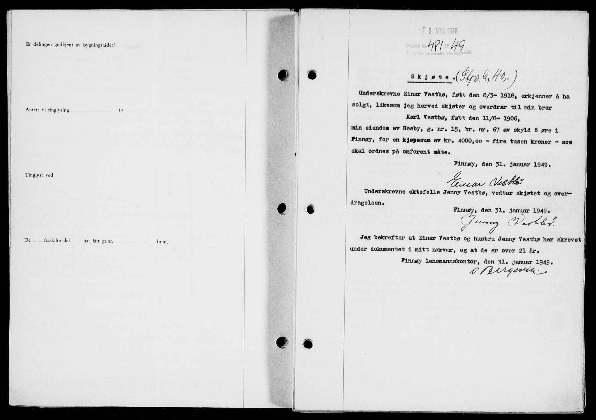 Ryfylke tingrett, SAST/A-100055/001/II/IIB/L0104: Pantebok nr. 83, 1948-1949, Dagboknr: 481/1949