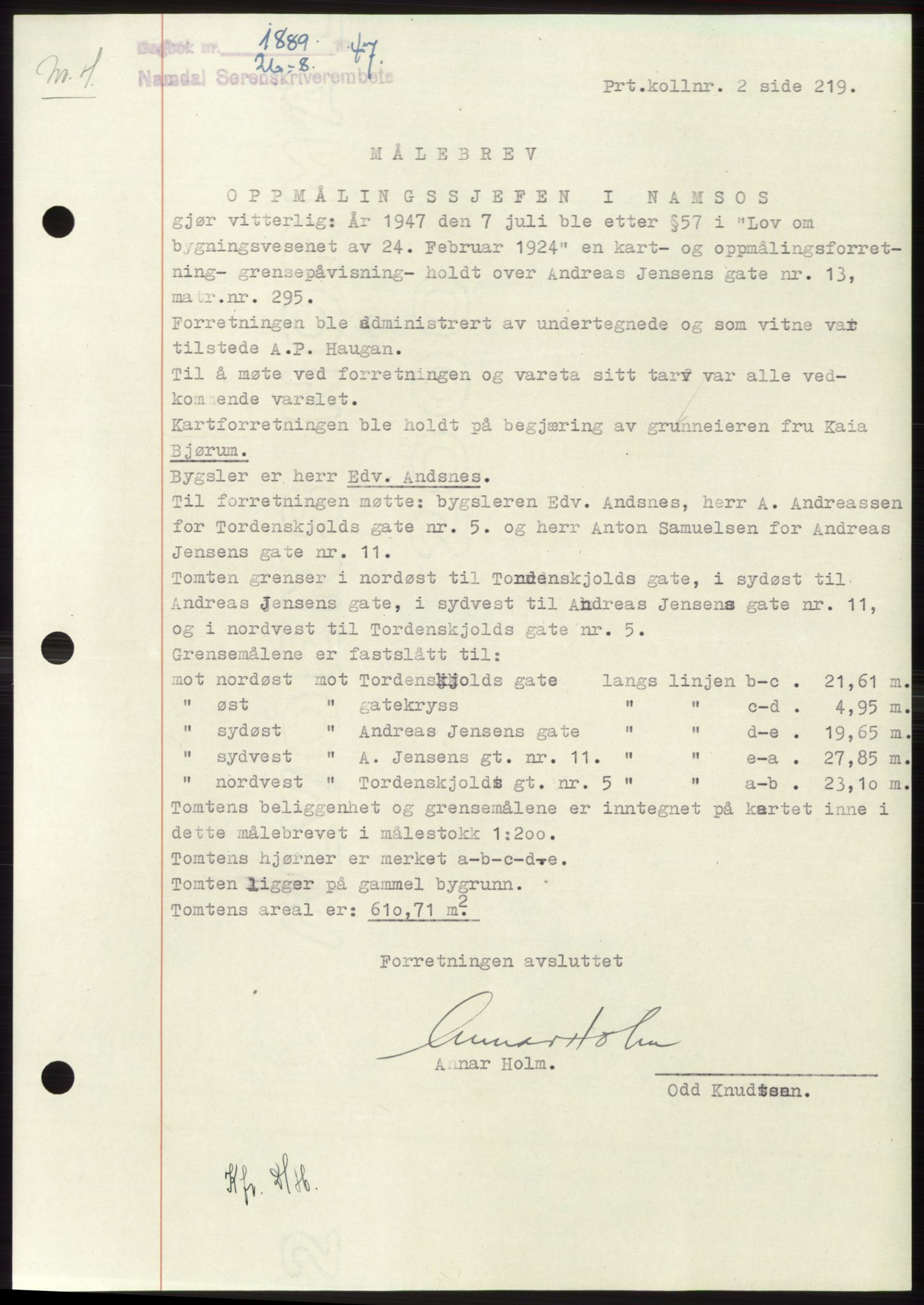Namdal sorenskriveri, SAT/A-4133/1/2/2C: Pantebok nr. -, 1947-1947, Dagboknr: 1889/1947