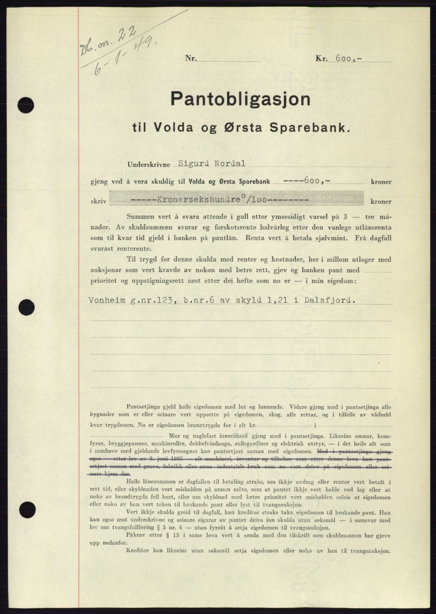 Søre Sunnmøre sorenskriveri, SAT/A-4122/1/2/2C/L0116: Pantebok nr. 4B, 1948-1949, Dagboknr: 22/1949