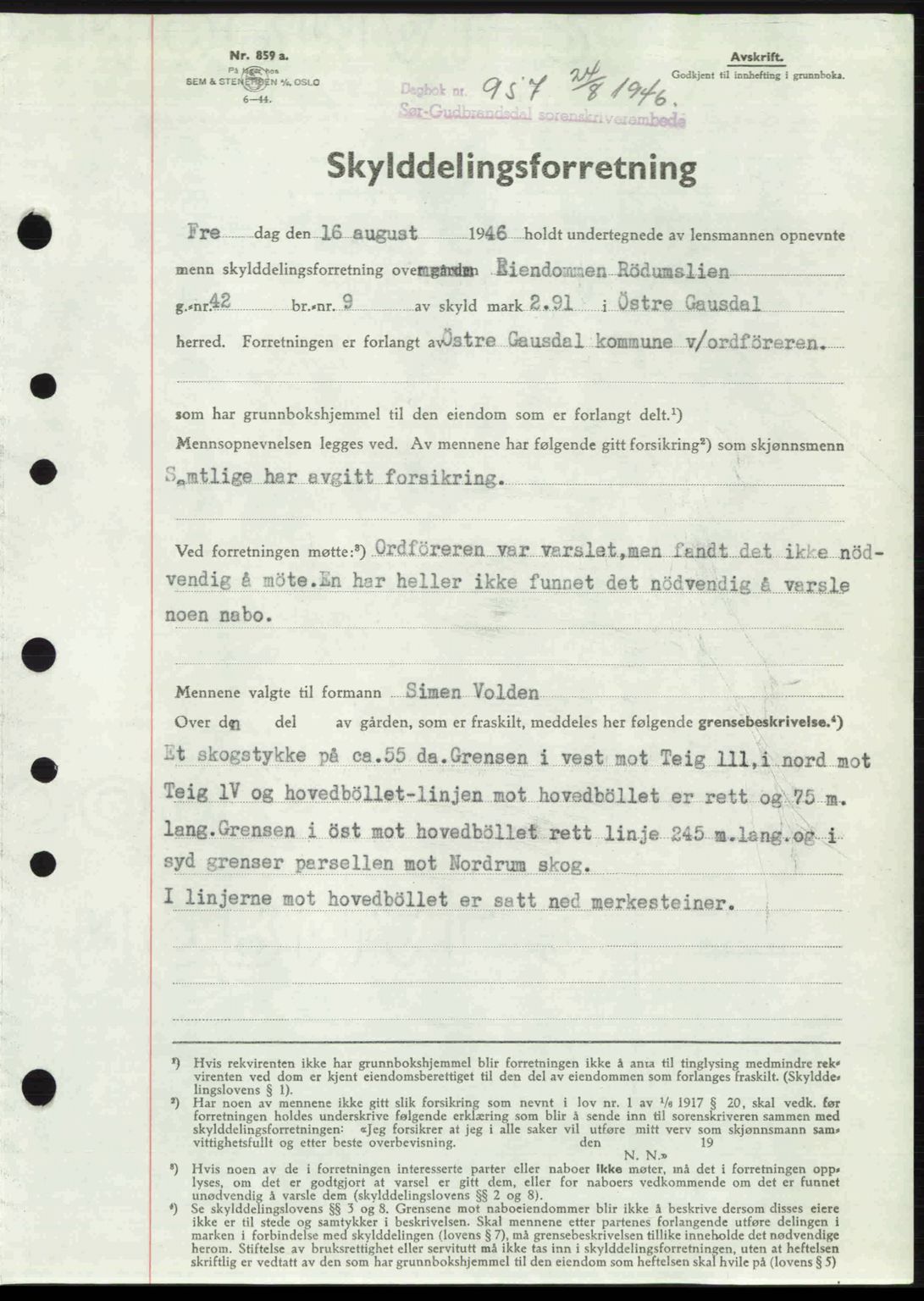Sør-Gudbrandsdal tingrett, SAH/TING-004/H/Hb/Hbd/L0016: Pantebok nr. A16, 1946-1946, Dagboknr: 957/1946