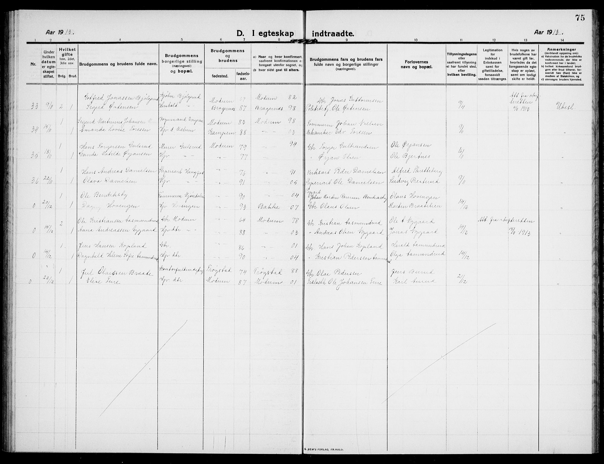 Modum kirkebøker, AV/SAKO-A-234/G/Ga/L0010: Klokkerbok nr. I 10, 1909-1923, s. 75