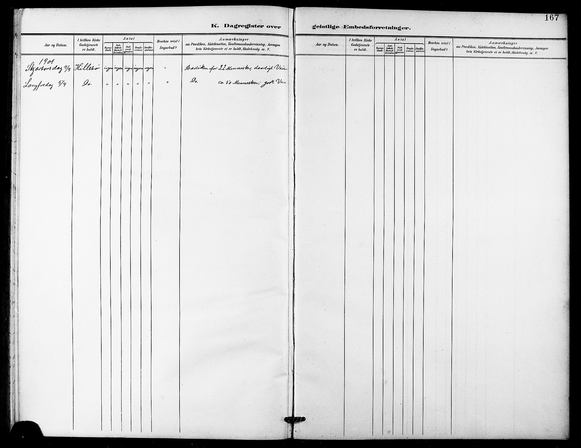 Lenvik sokneprestembete, SATØ/S-1310/H/Ha/Hab/L0022klokker: Klokkerbok nr. 22, 1901-1918, s. 167