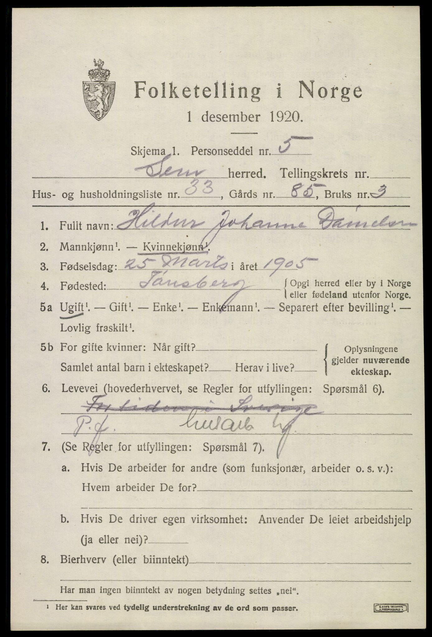 SAKO, Folketelling 1920 for 0721 Sem herred, 1920, s. 8163