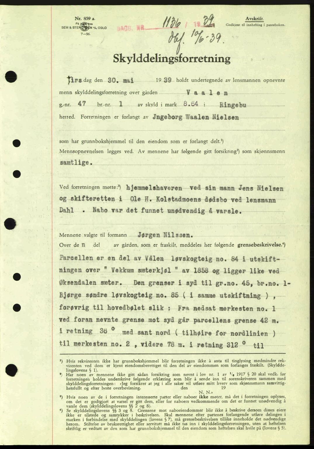 Sør-Gudbrandsdal tingrett, SAH/TING-004/H/Hb/Hbd/L0006: Pantebok nr. A6, 1939-1939, Dagboknr: 1136/1939