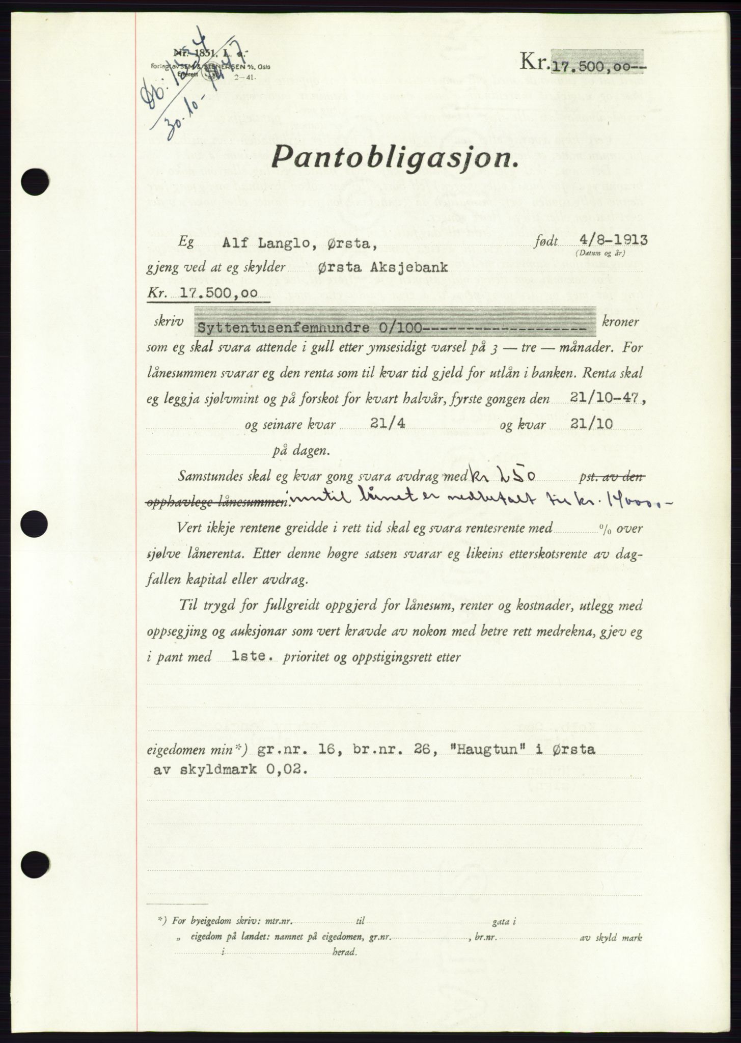 Søre Sunnmøre sorenskriveri, AV/SAT-A-4122/1/2/2C/L0115: Pantebok nr. 3B, 1947-1948, Dagboknr: 1534/1947