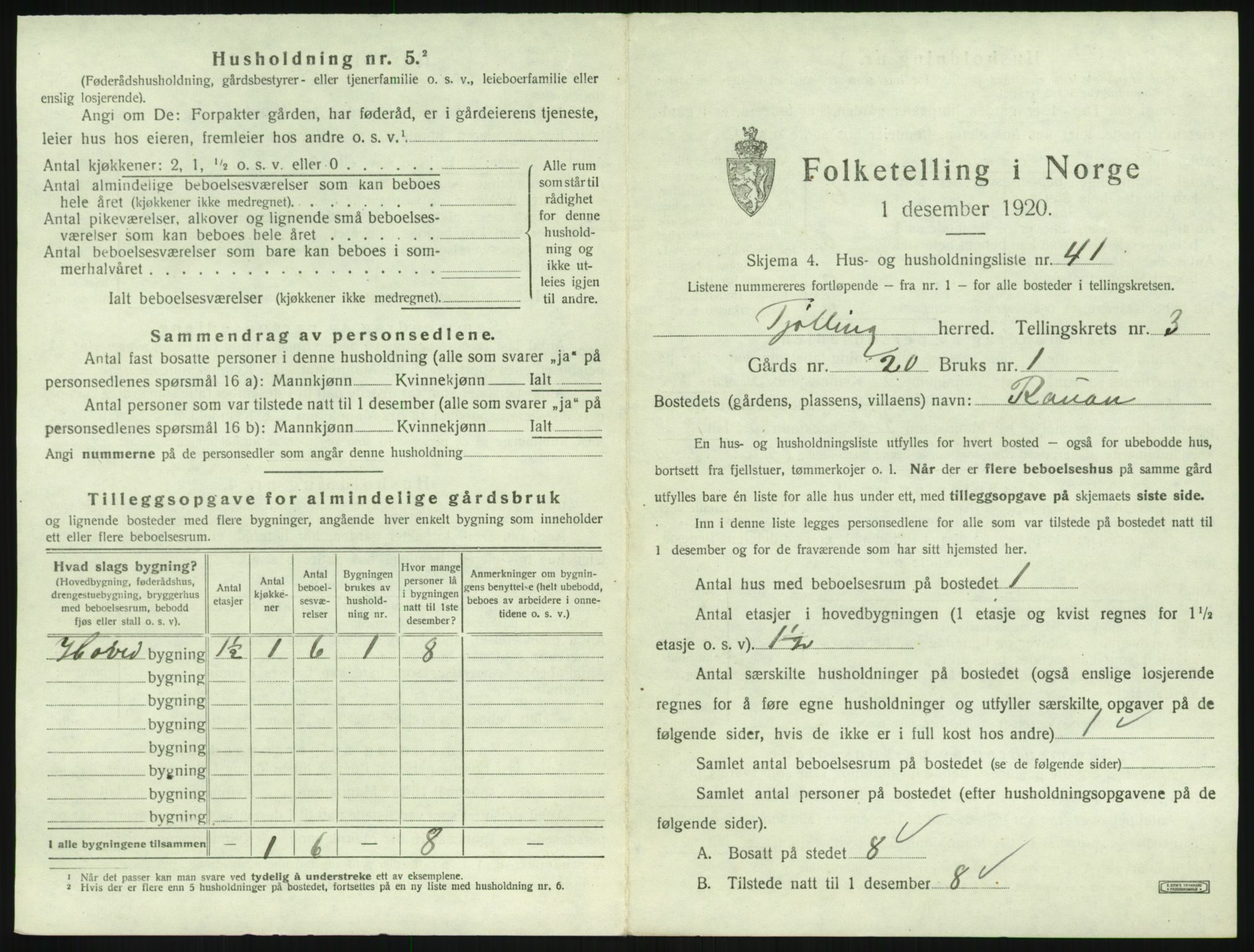 SAKO, Folketelling 1920 for 0725 Tjølling herred, 1920, s. 1047