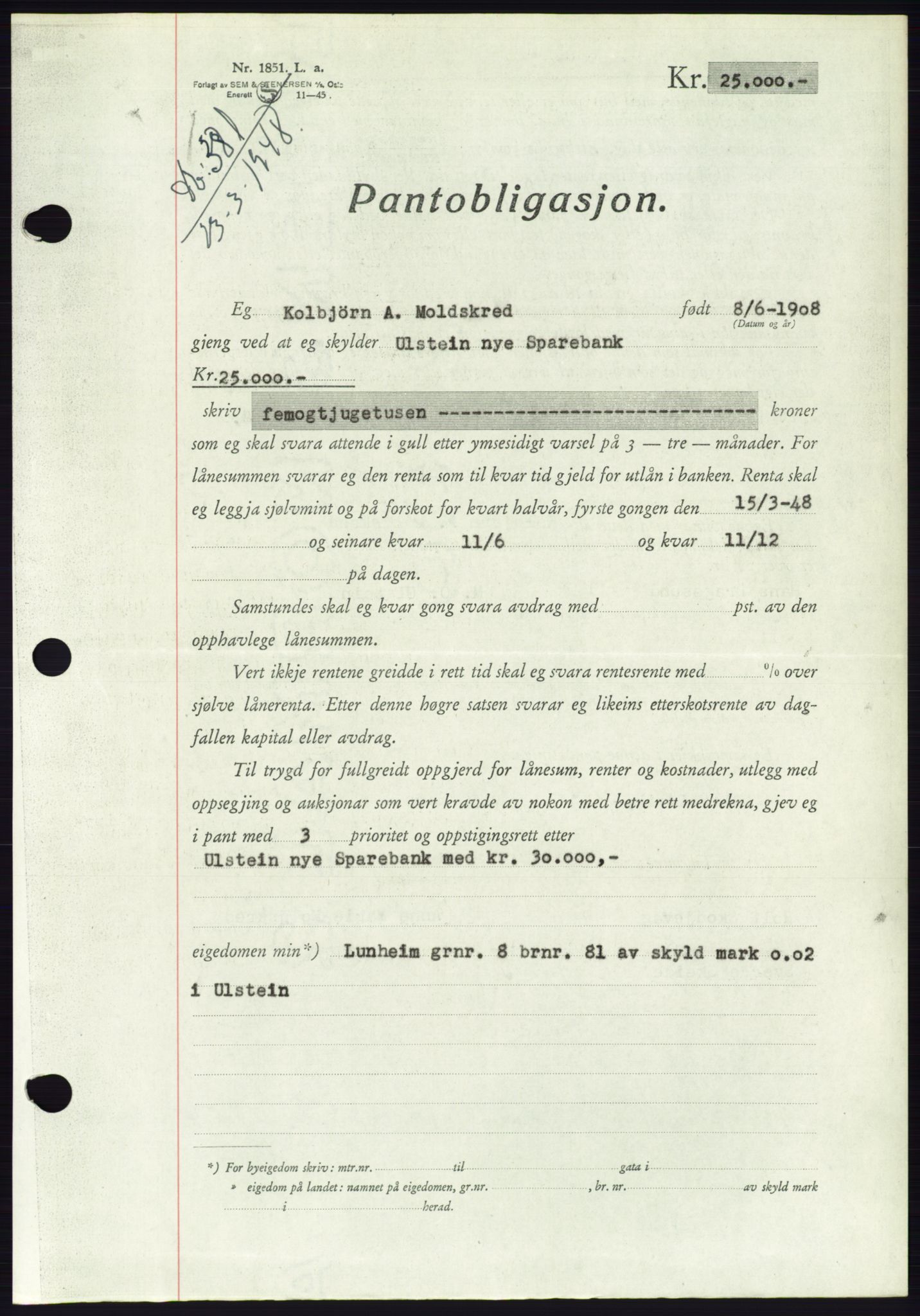 Søre Sunnmøre sorenskriveri, AV/SAT-A-4122/1/2/2C/L0115: Pantebok nr. 3B, 1947-1948, Dagboknr: 381/1948