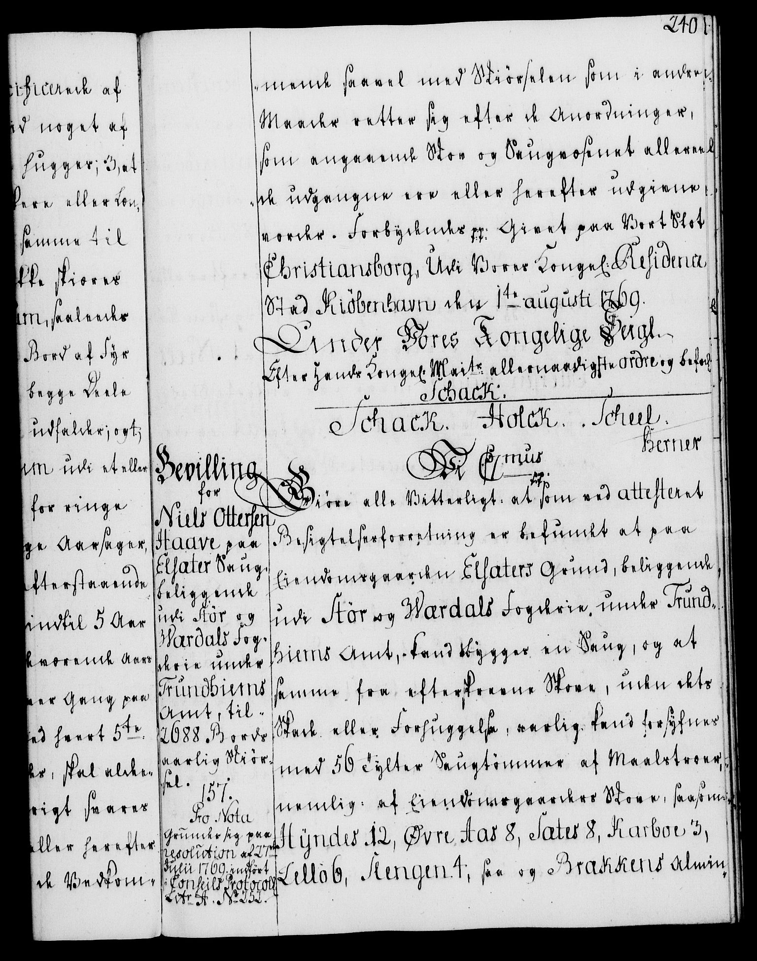 Rentekammeret, Kammerkanselliet, RA/EA-3111/G/Gg/Gga/L0008: Norsk ekspedisjonsprotokoll med register (merket RK 53.8), 1768-1771, s. 240