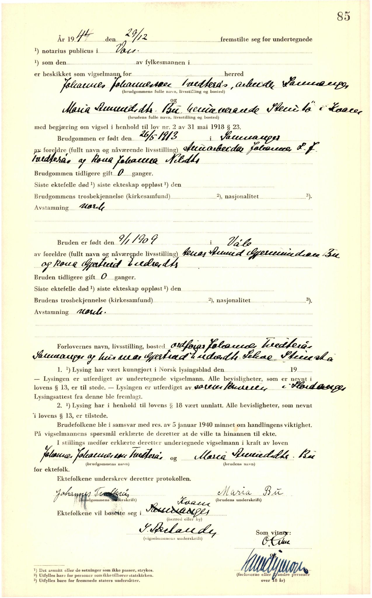 Voss sorenskrivar, SAB/A-2701/M/Maa/L0002: Vigselbok, 1943-1945, s. 85a