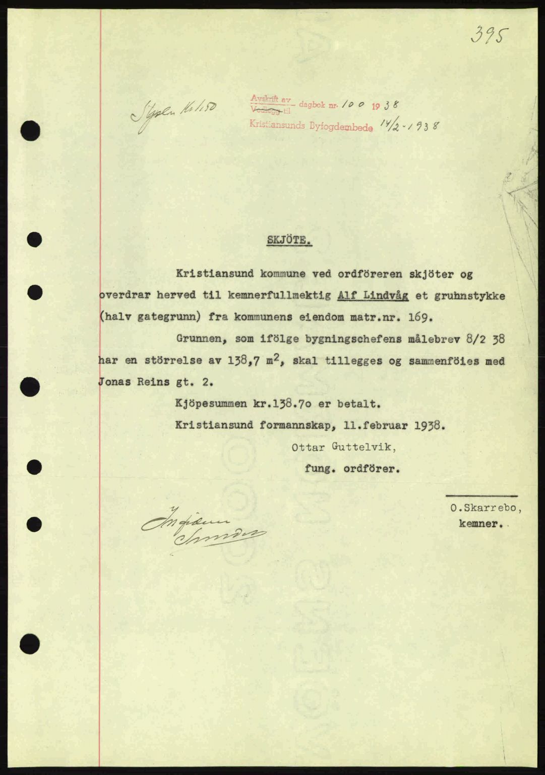 Kristiansund byfogd, AV/SAT-A-4587/A/27: Pantebok nr. 30, 1936-1941, Dagboknr: 100/1938