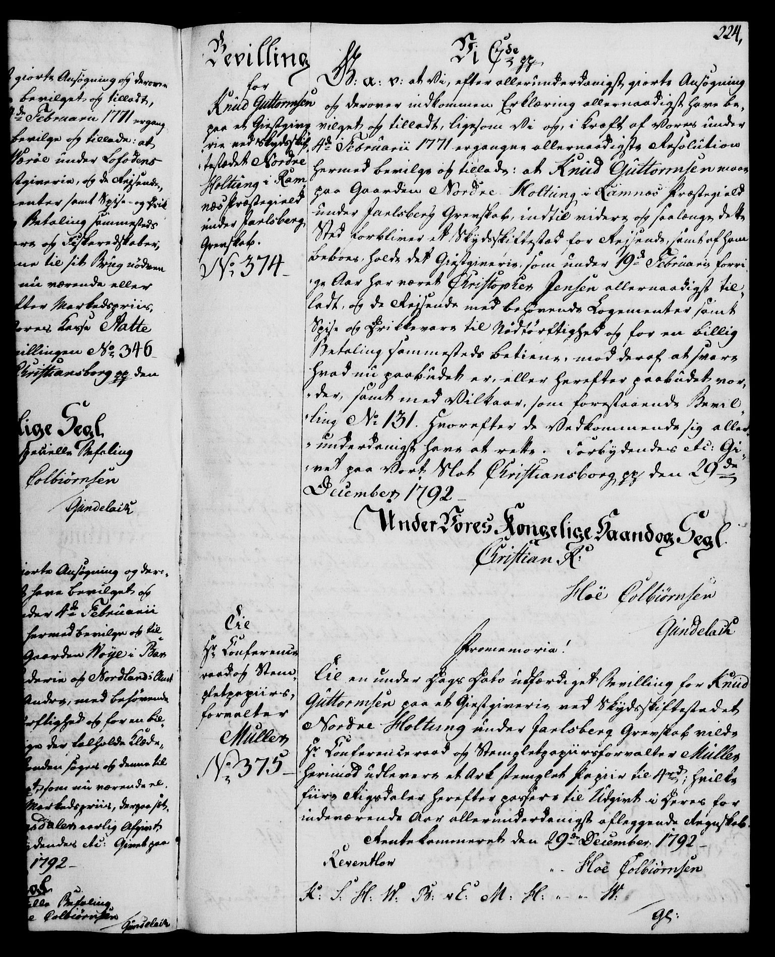Rentekammeret, Kammerkanselliet, RA/EA-3111/G/Gg/Gga/L0015: Norsk ekspedisjonsprotokoll med register (merket RK 53.15), 1790-1791, s. 224