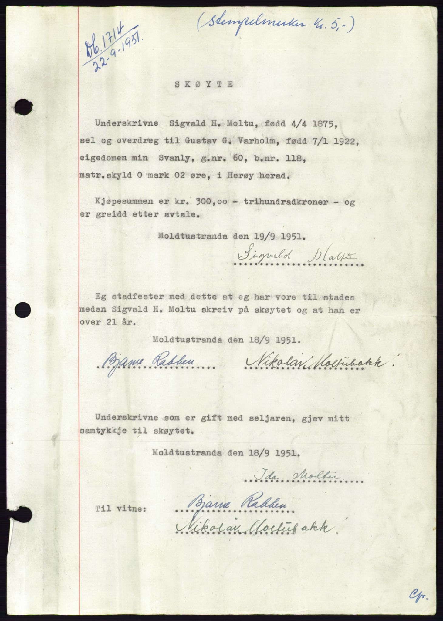 Søre Sunnmøre sorenskriveri, AV/SAT-A-4122/1/2/2C/L0090: Pantebok nr. 16A, 1951-1951, Dagboknr: 1714/1951