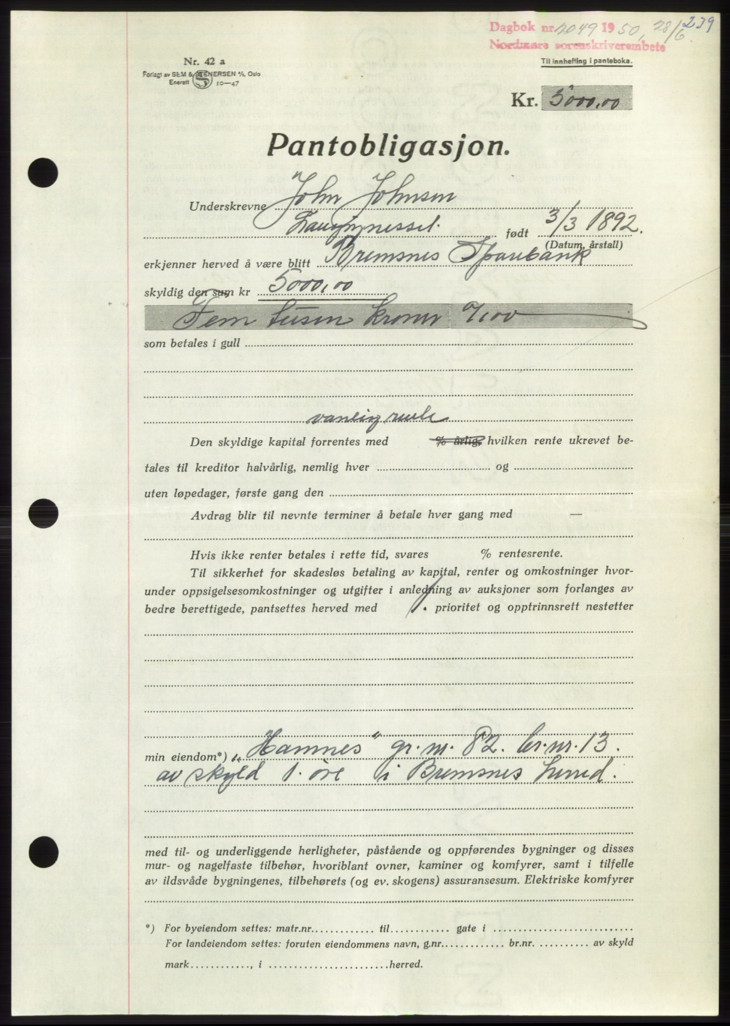 Nordmøre sorenskriveri, AV/SAT-A-4132/1/2/2Ca: Pantebok nr. B105, 1950-1950, Dagboknr: 2049/1950