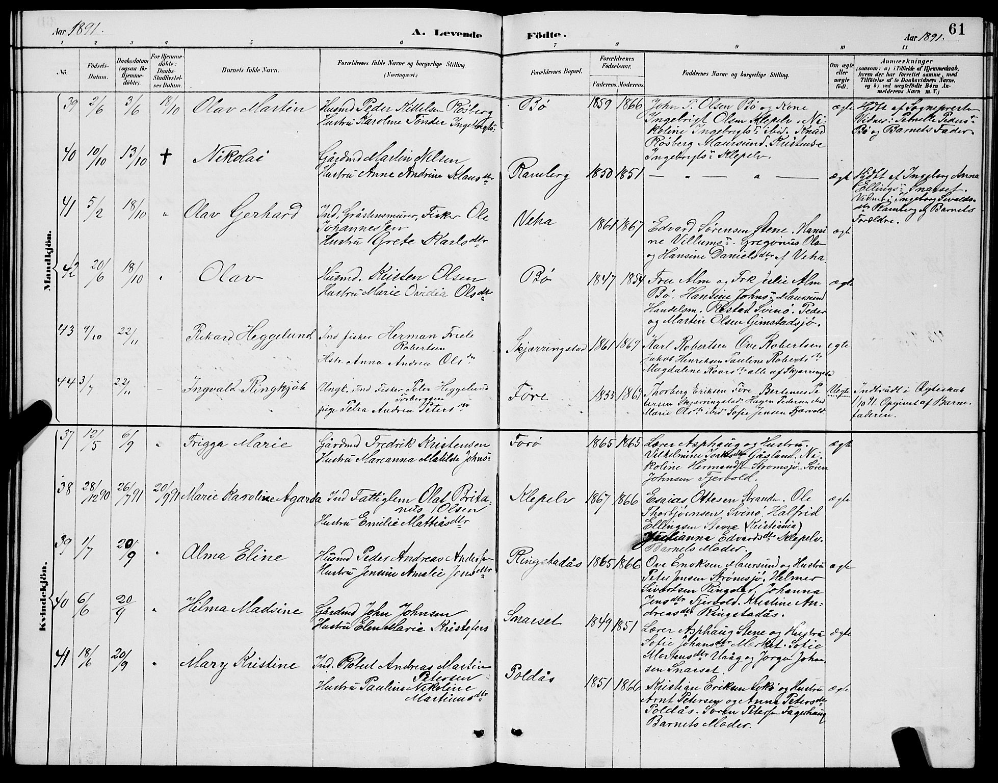 Ministerialprotokoller, klokkerbøker og fødselsregistre - Nordland, AV/SAT-A-1459/891/L1315: Klokkerbok nr. 891C04, 1886-1893, s. 61